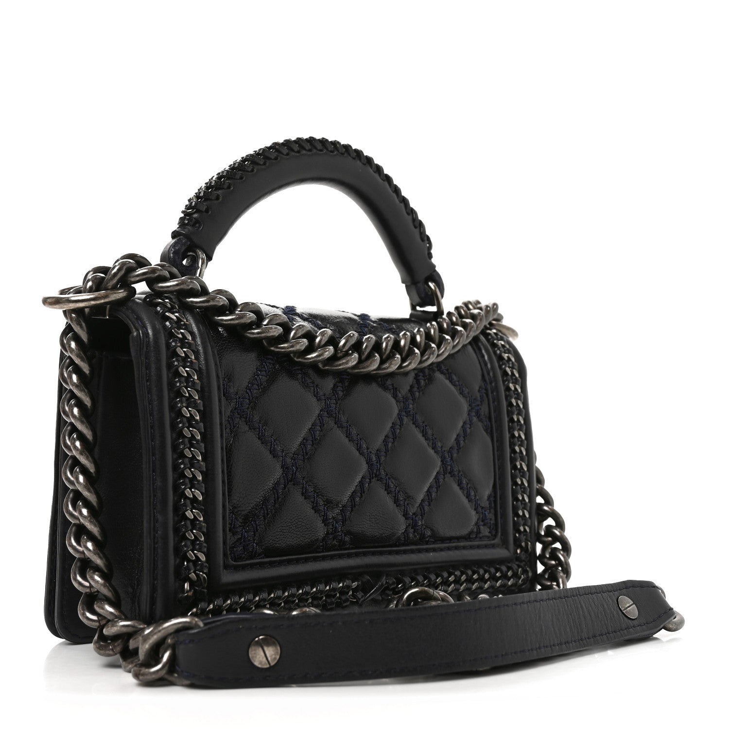 Shiny Goatskin Quilted Small Boy Top Handle Flap Navy Blue — view 3