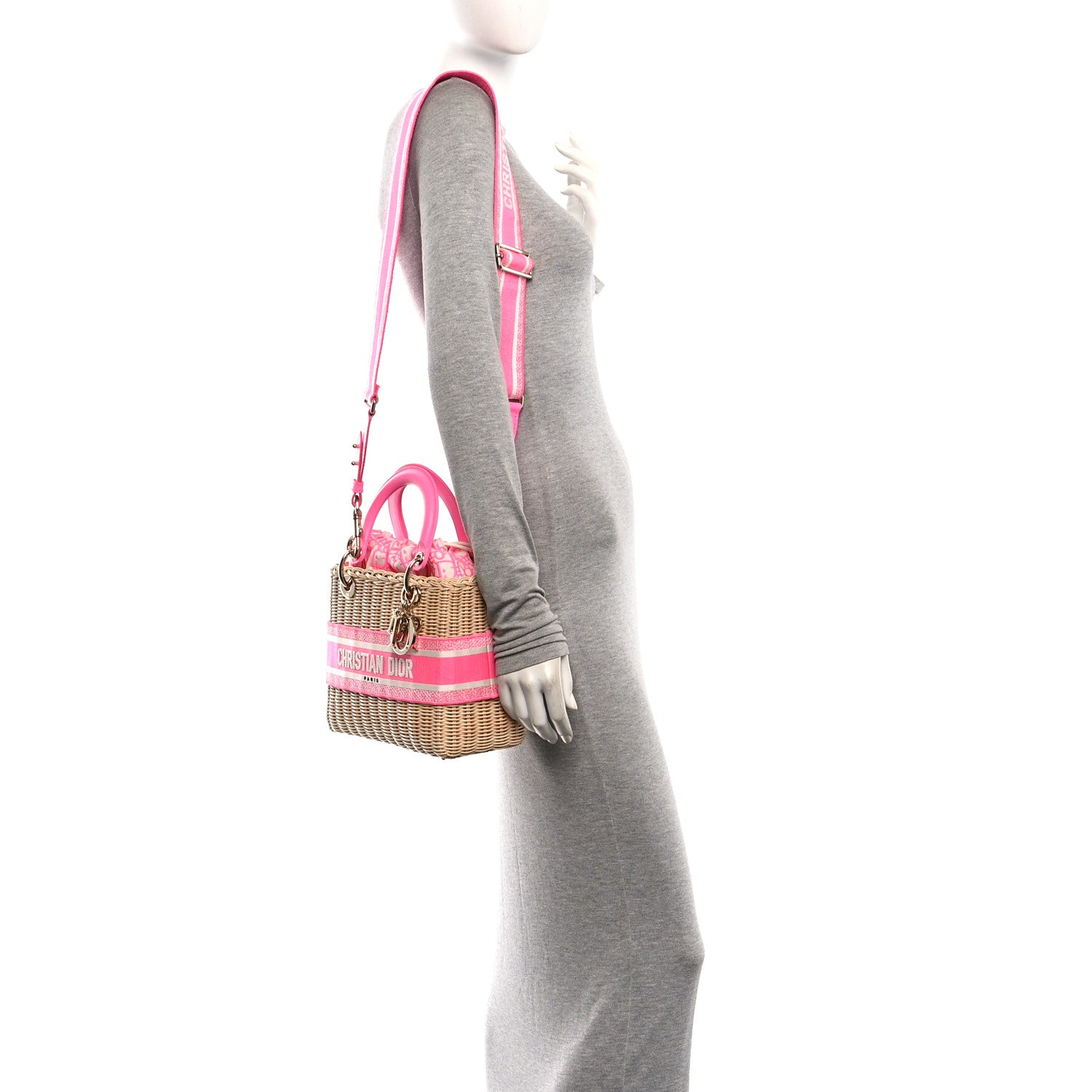 Wicker Oblique Medium Lady Dior Bag Fluorescent Pink — view 2