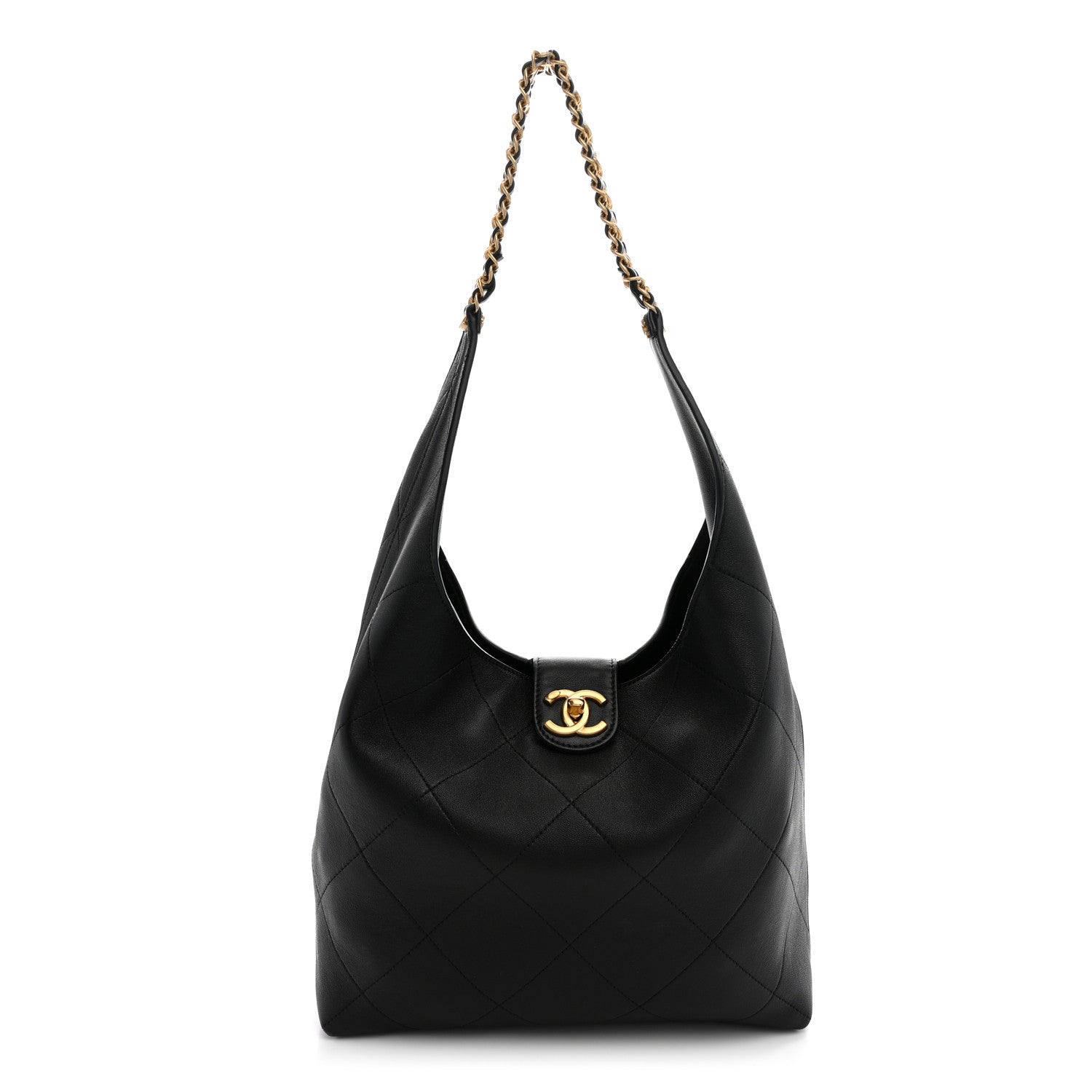 Shiny Lambskin Quilted Medium Hobo Black