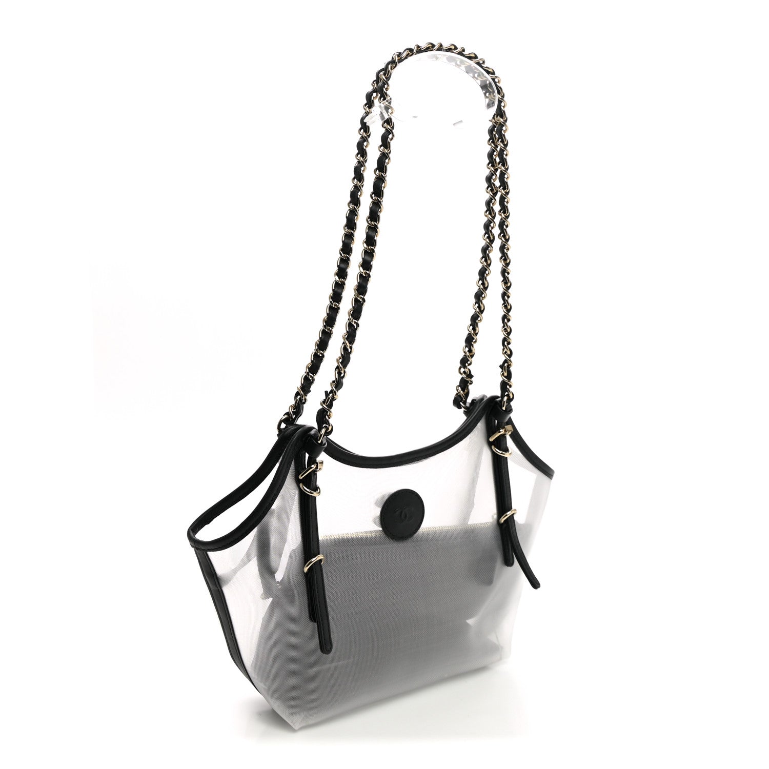 Mesh Calfskin Small Coco Beach Shopping Tote Transparent Black — view 3