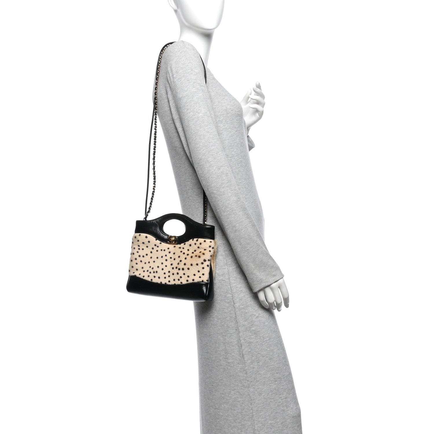 Shiny Lambskin Pony Hair Cheetah Printed Mini 31 Shopping Bag Light Beige Black — view 2