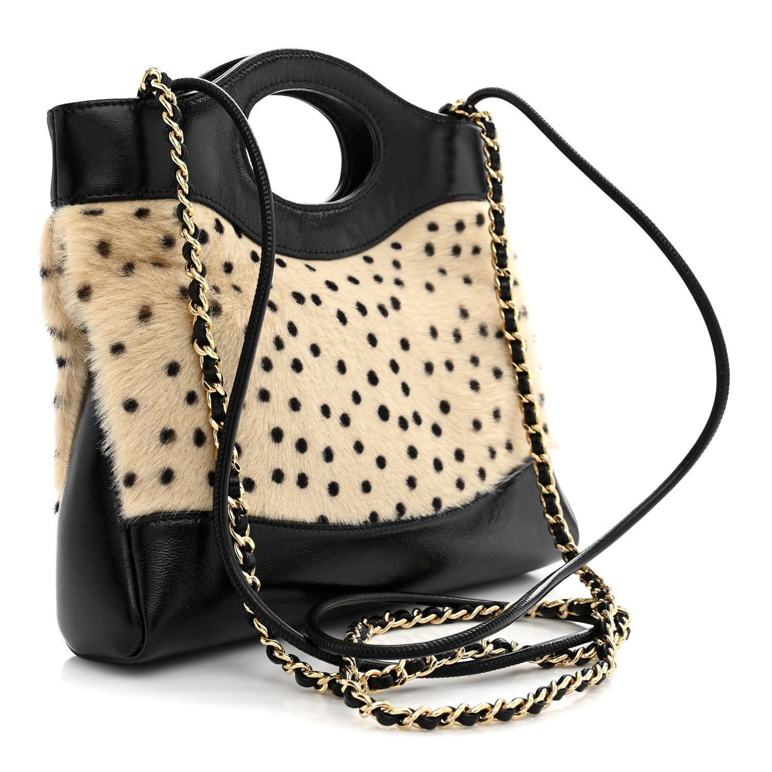 Shiny Lambskin Pony Hair Cheetah Printed Mini 31 Shopping Bag Light Beige Black — view 3