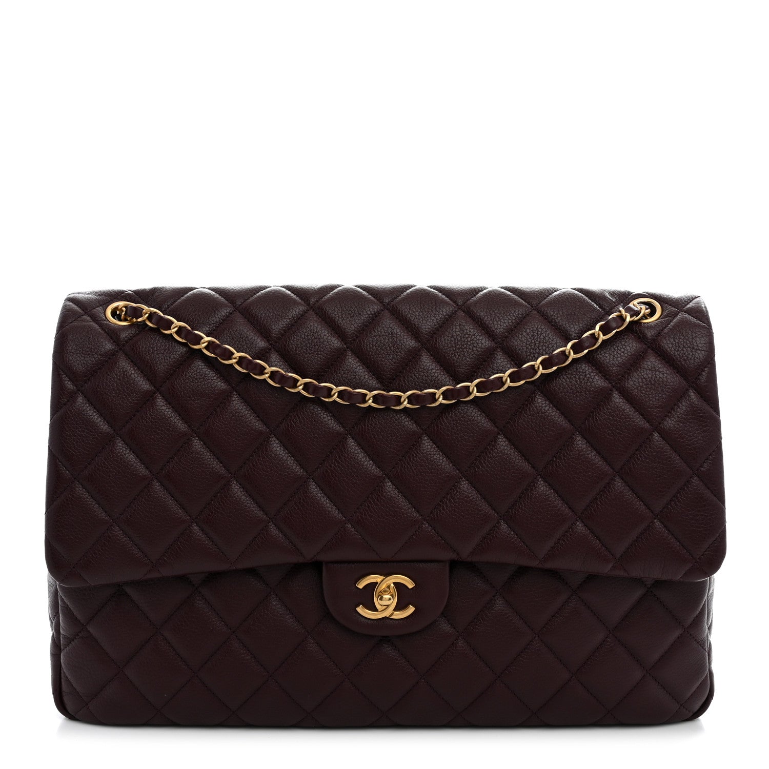 Grained Calfskin Quilted XXL Travel Flap Bag Burgundy