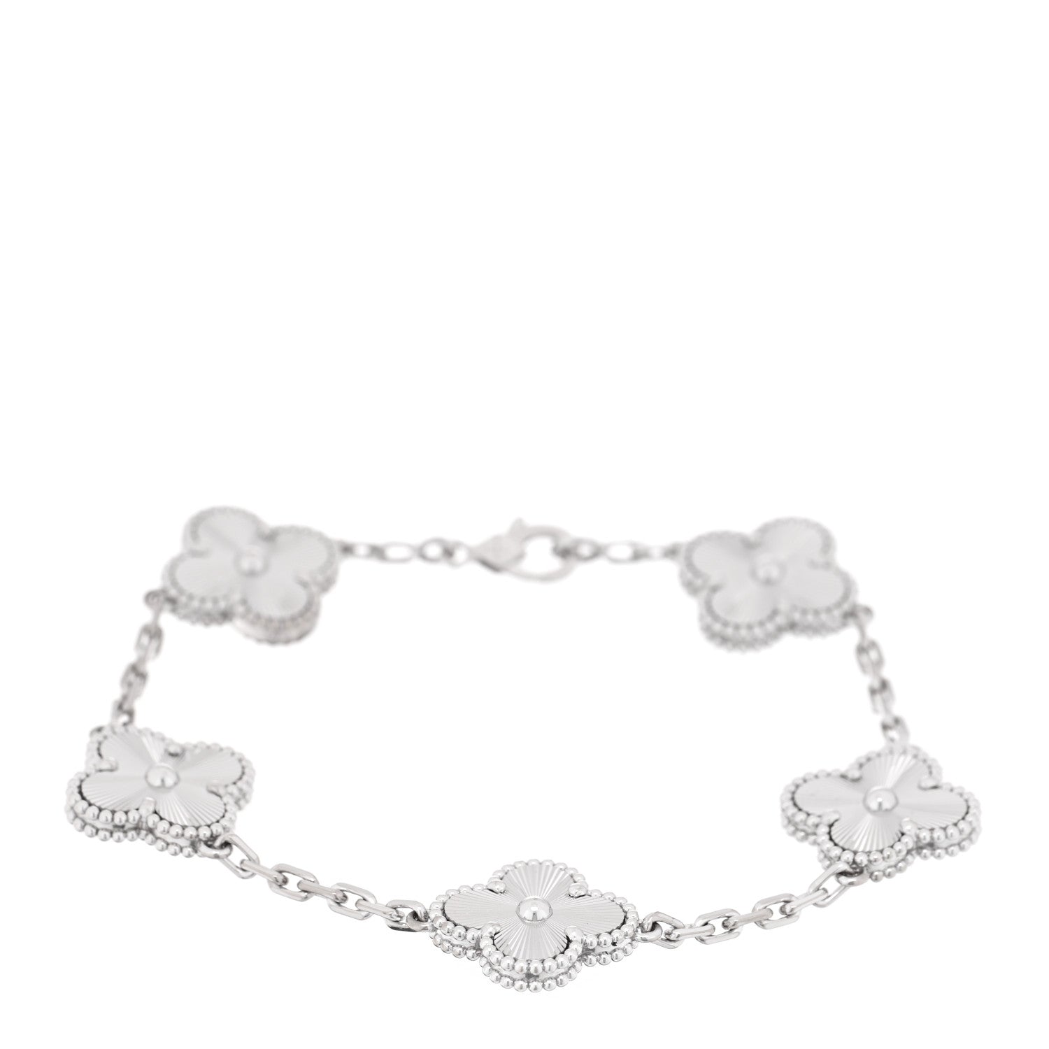 18K White Gold 5 Motifs Guilloche Vintage Alhambra Bracelet