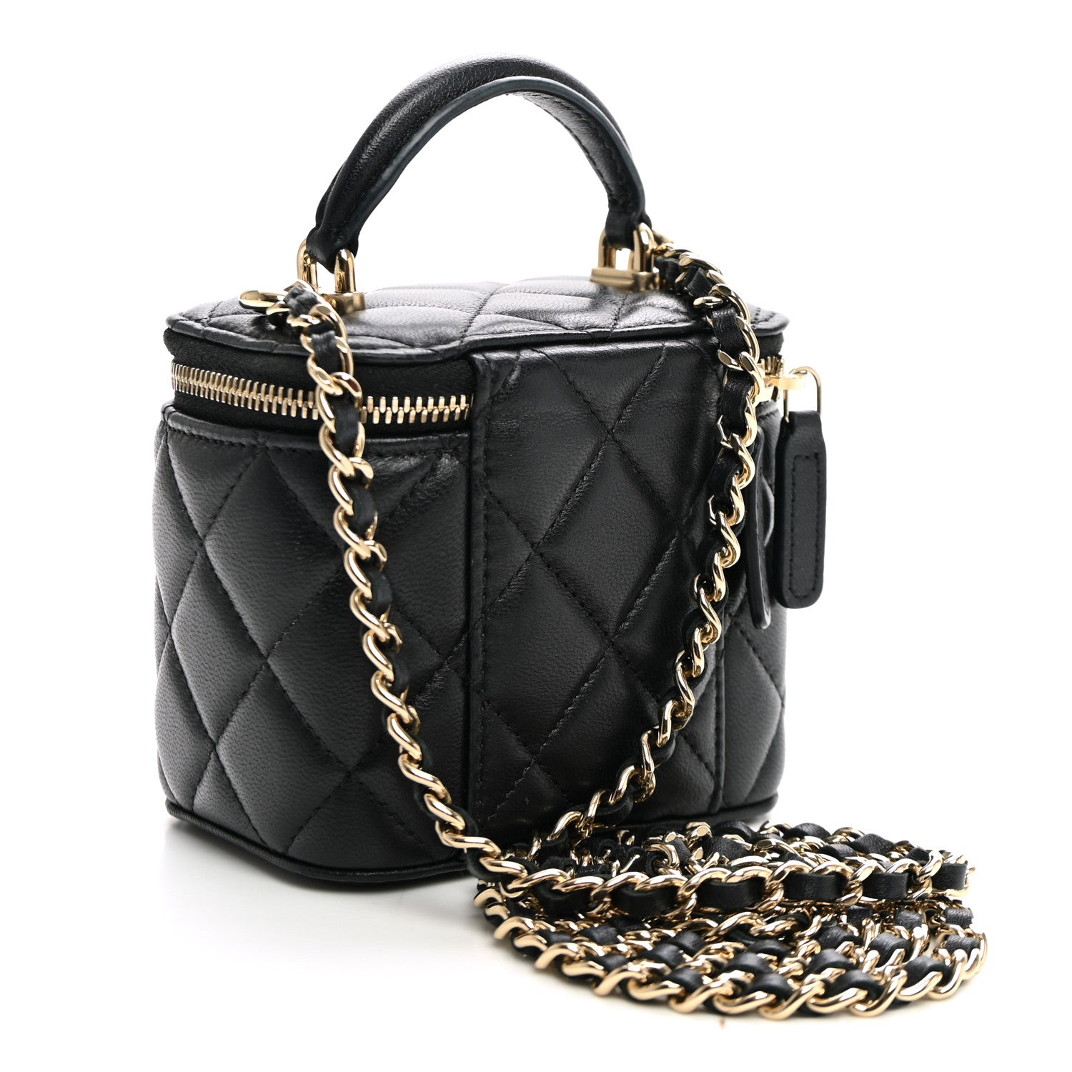 Lambskin Quilted Top Handle Mini Vanity Case With Chain Black — view 3