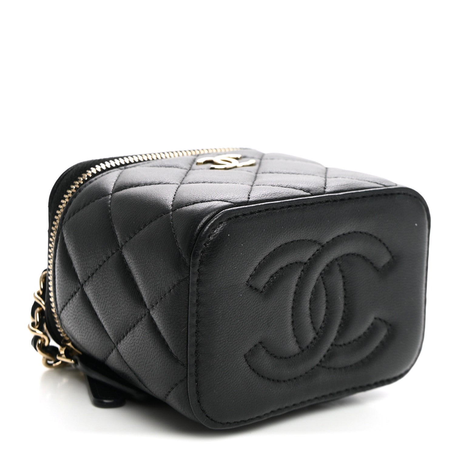 Lambskin Quilted Top Handle Mini Vanity Case With Chain Black — view 4