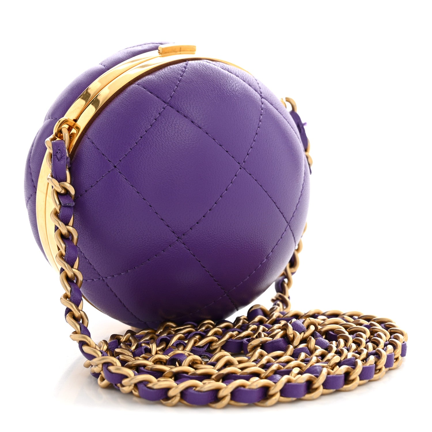 Lambskin Quilted Sphere Minaudiere Chain Clutch Purple — view 3