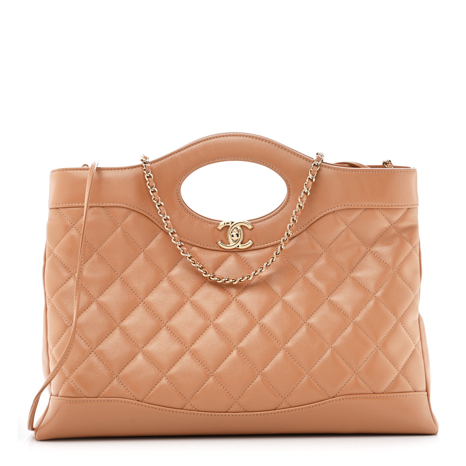 Shiny Crumpled Calfskin Quilted 31 Shopping Bag Dark Beige