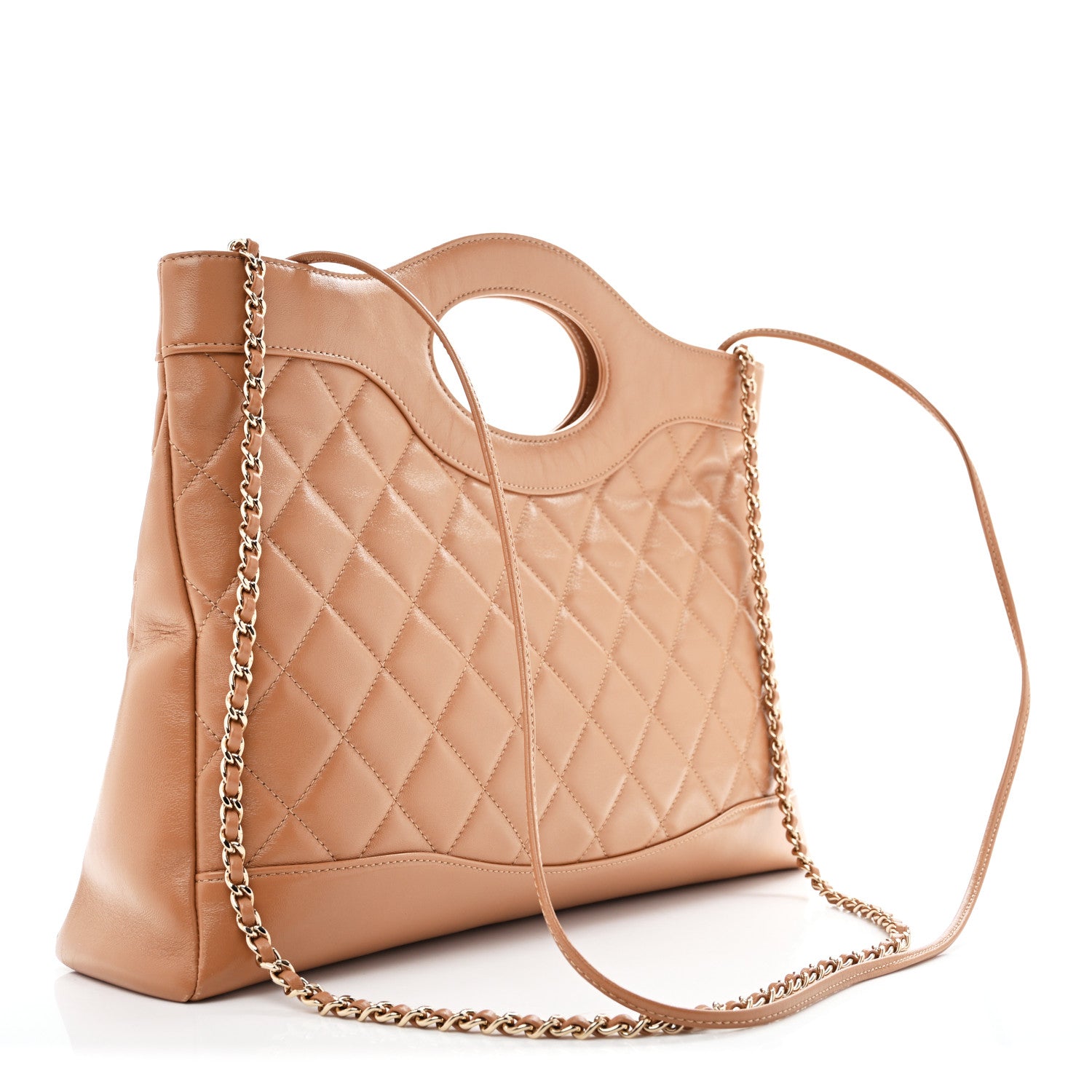 Shiny Crumpled Calfskin Quilted 31 Shopping Bag Dark Beige — view 3