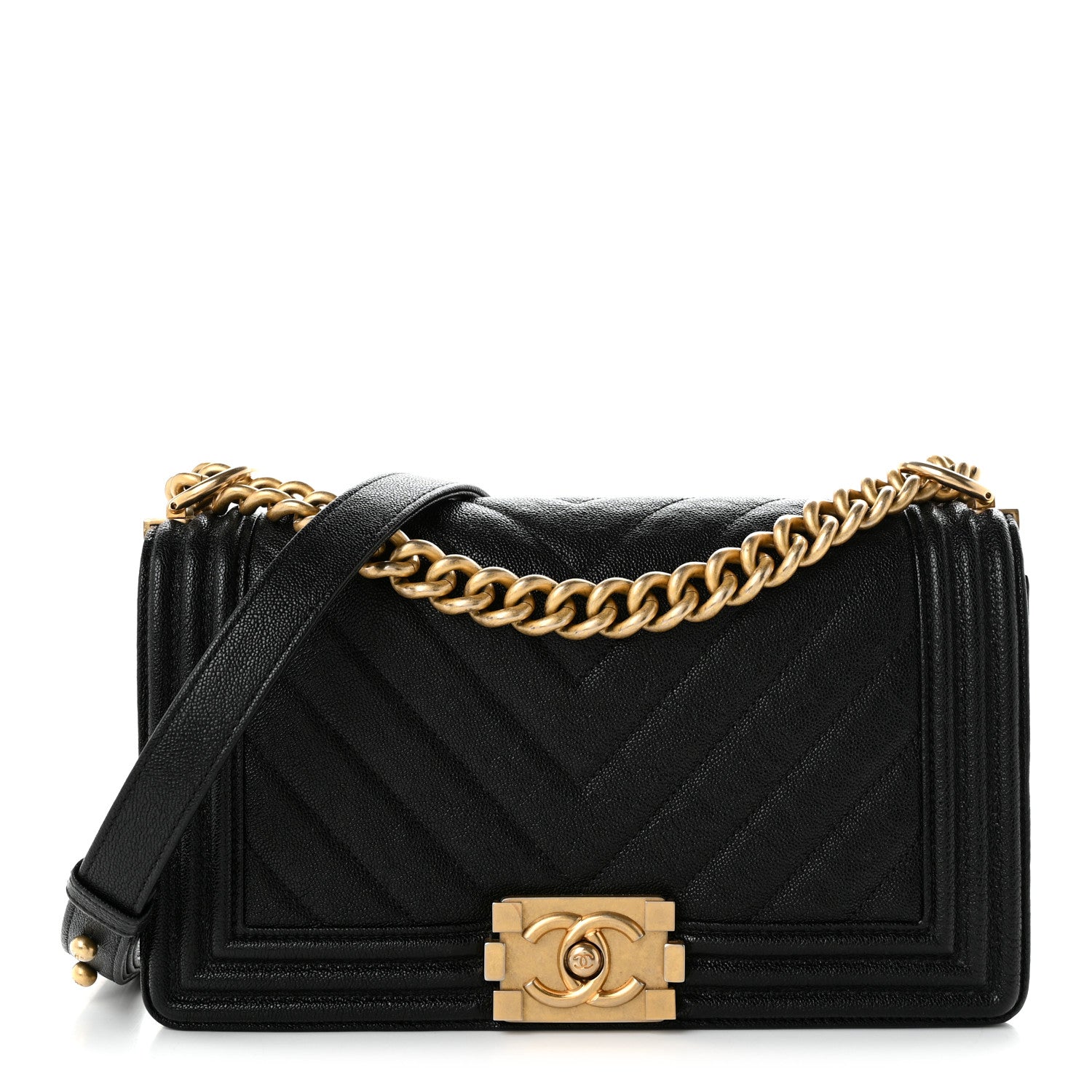 Caviar Chevron Quilted Medium Boy Flap Black