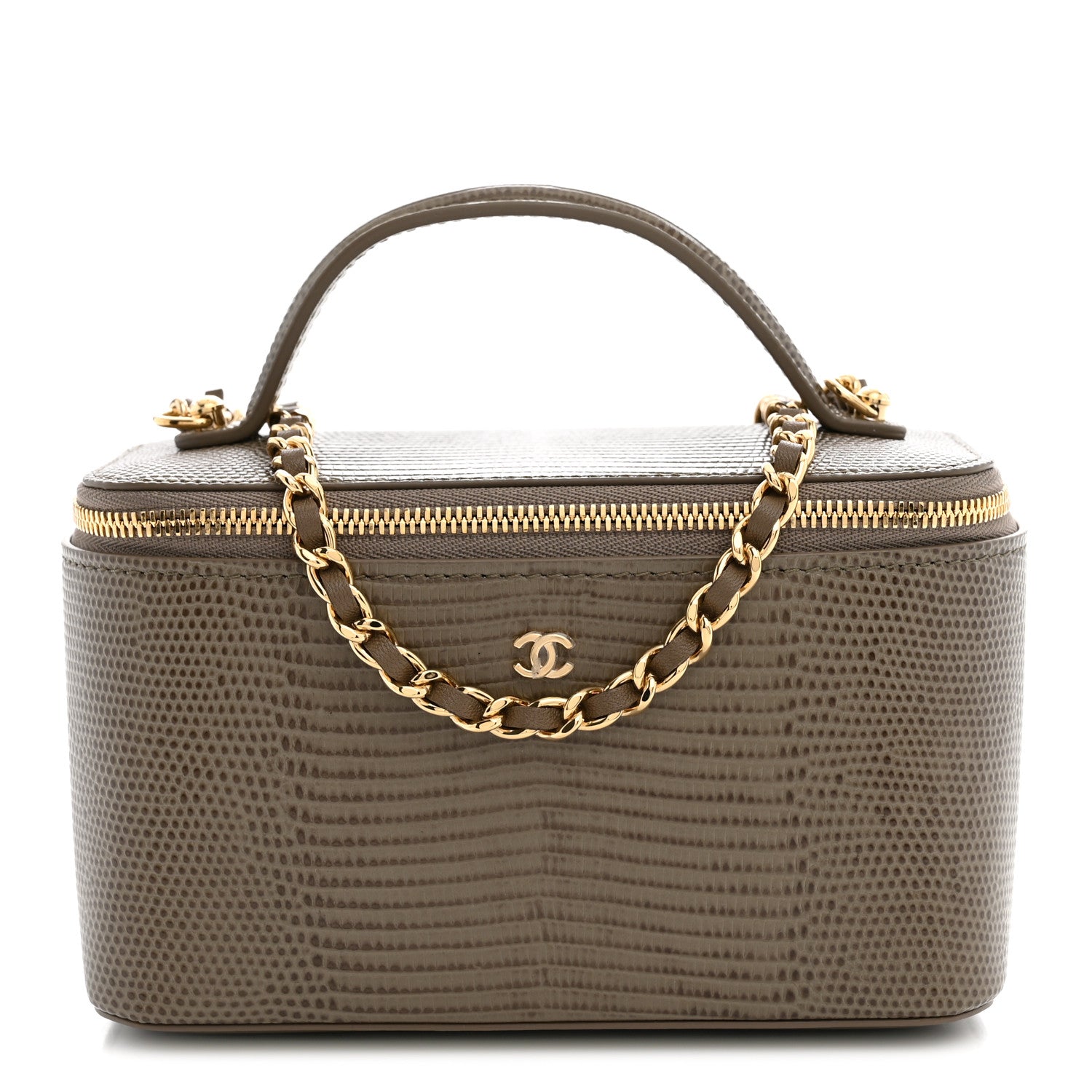 Calfskin Lizard Embossed Top Handle Vanity With Chain Dark Khaki