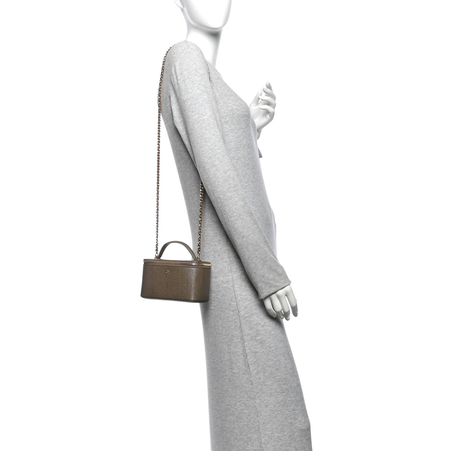 Calfskin Lizard Embossed Top Handle Vanity With Chain Dark Khaki — view 2