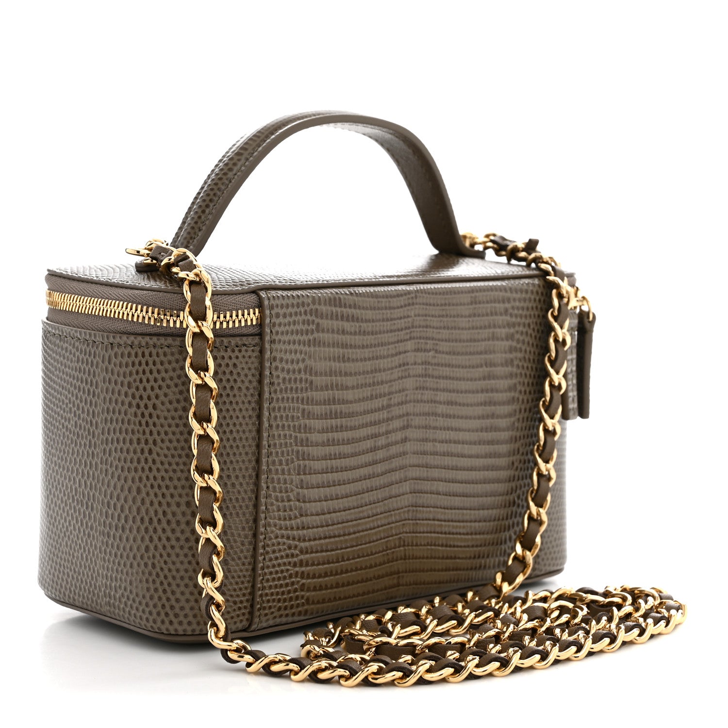 Calfskin Lizard Embossed Top Handle Vanity With Chain Dark Khaki — view 3