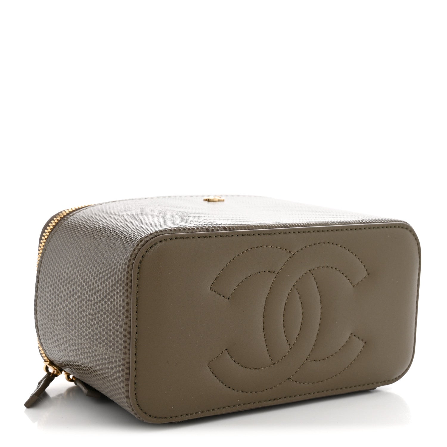 Calfskin Lizard Embossed Top Handle Vanity With Chain Dark Khaki — view 4
