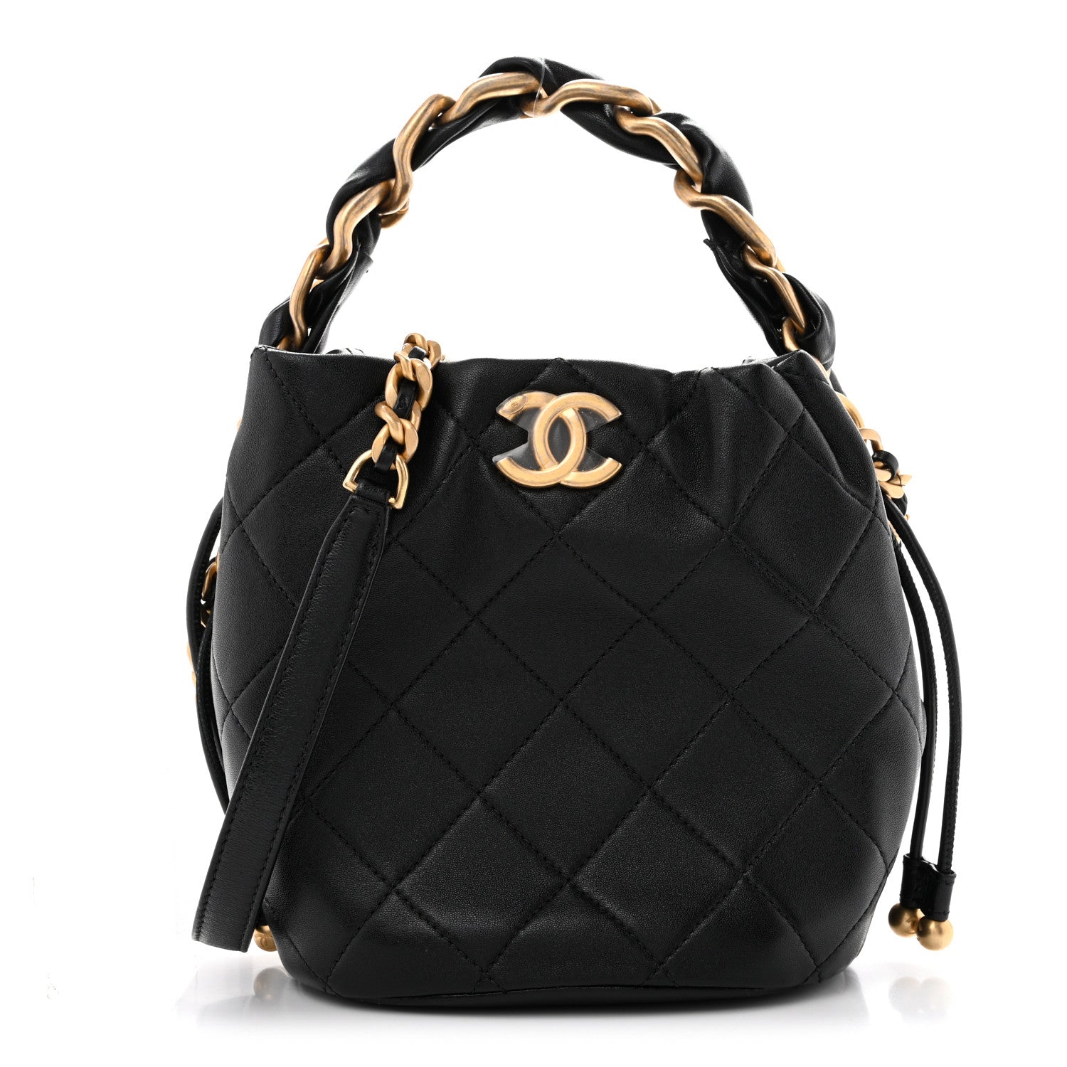 Shiny Lambskin Quilted Chain Is More Drawstring Bag Black