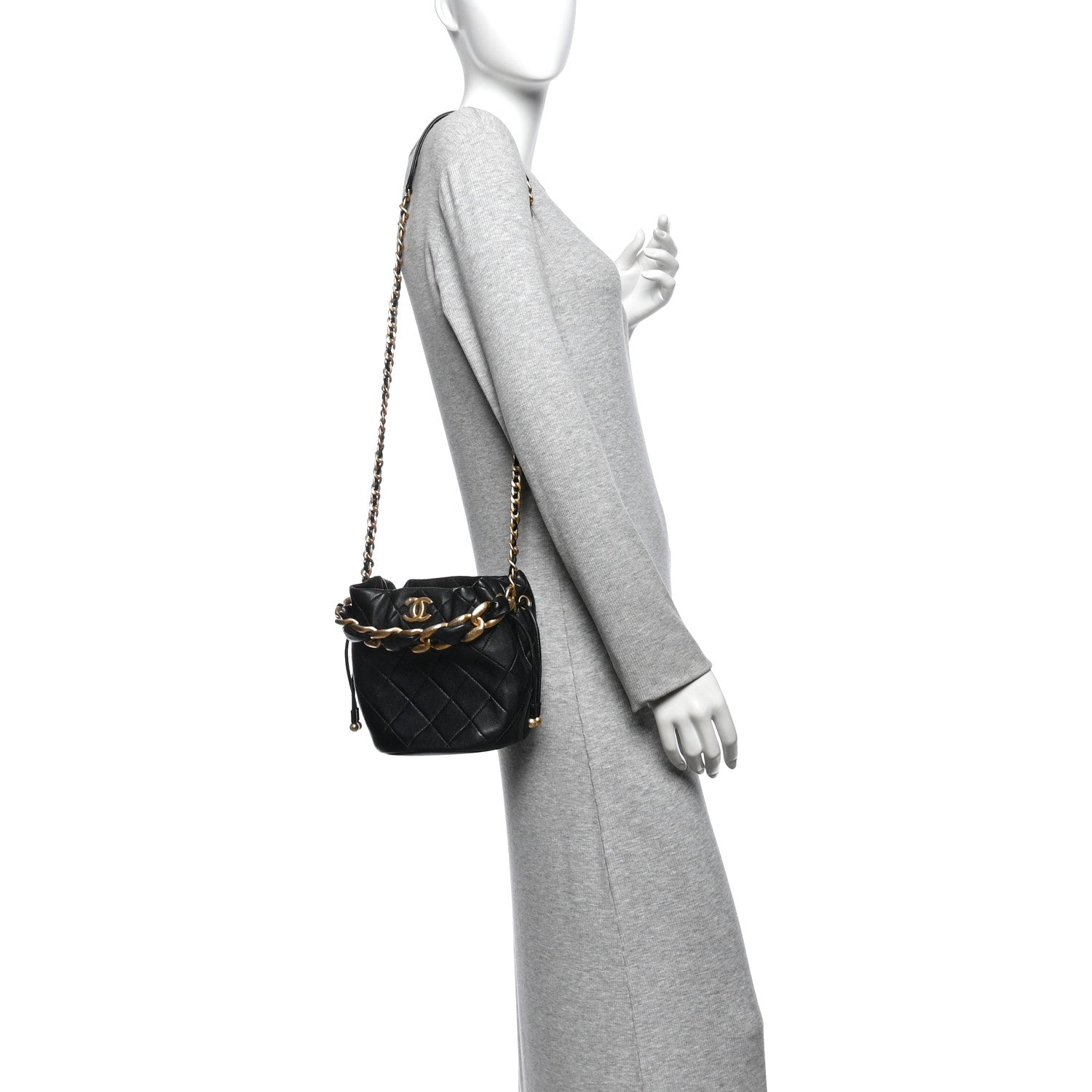 Shiny Lambskin Quilted Chain Is More Drawstring Bag Black — view 2