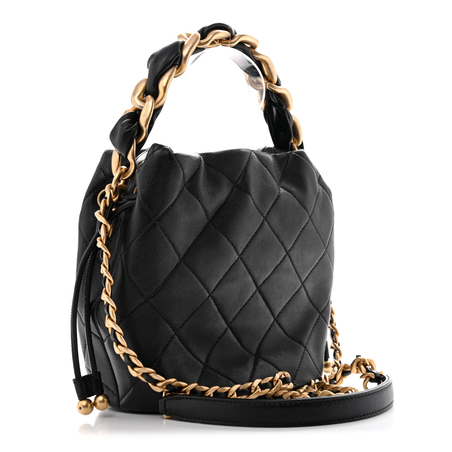 Shiny Lambskin Quilted Chain Is More Drawstring Bag Black — view 3