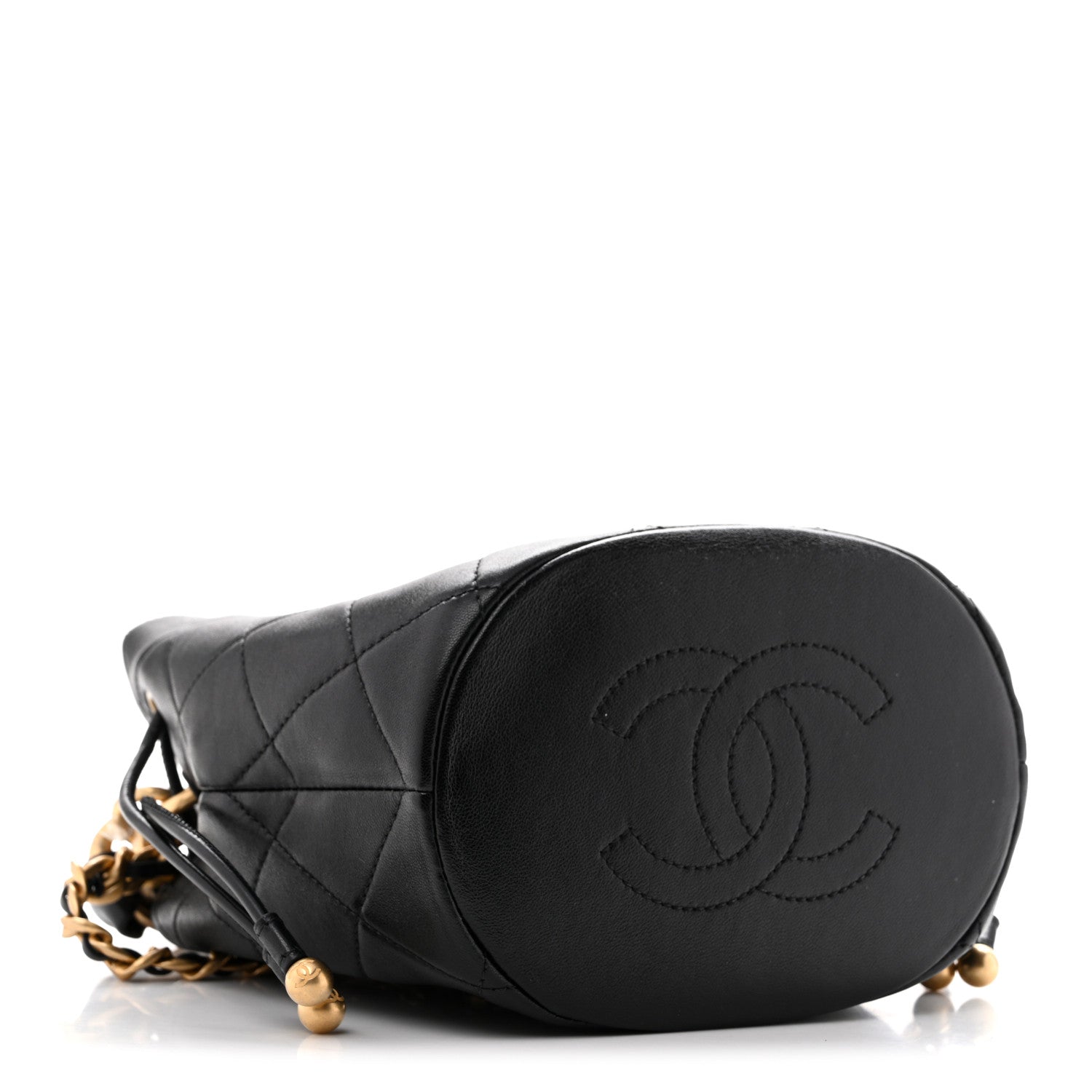 Shiny Lambskin Quilted Chain Is More Drawstring Bag Black — view 4