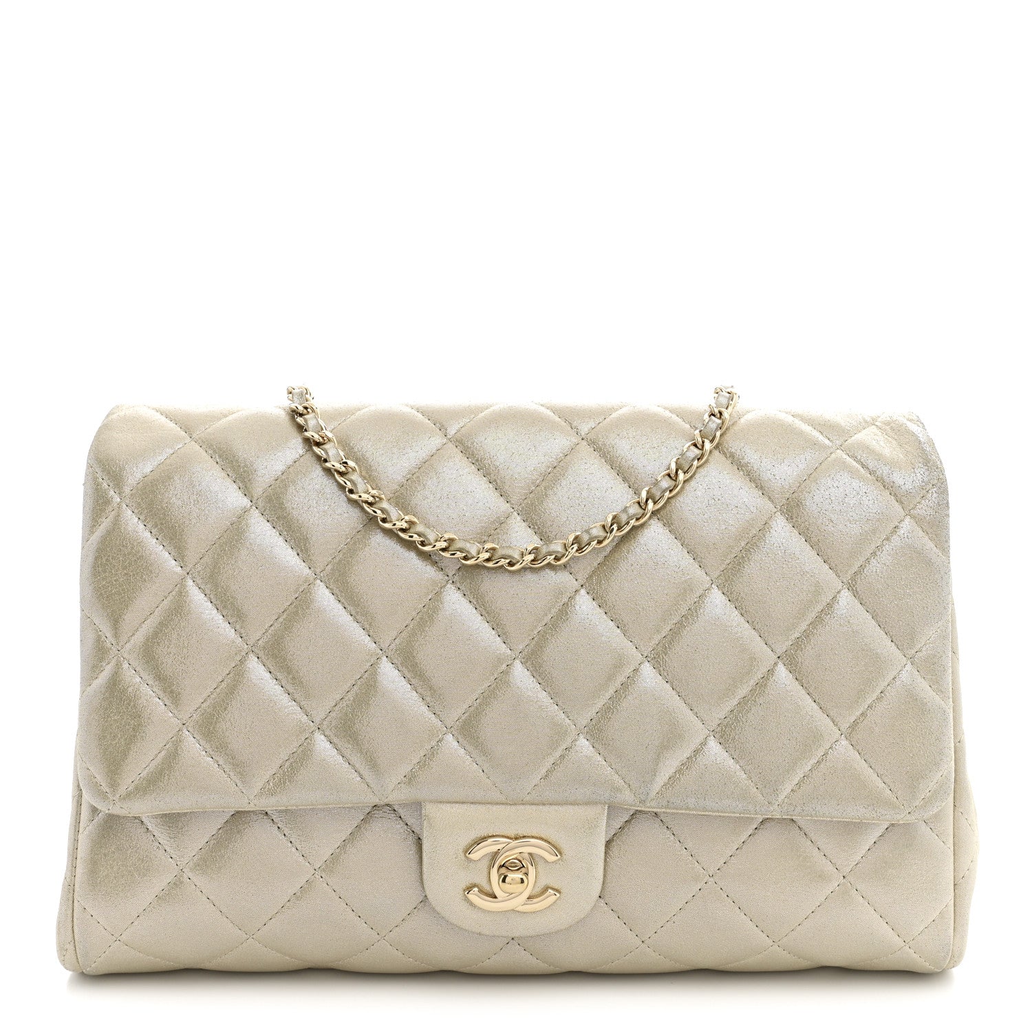 Iridescent Calfskin Quilted Clutch With Chain Flap Light Gold