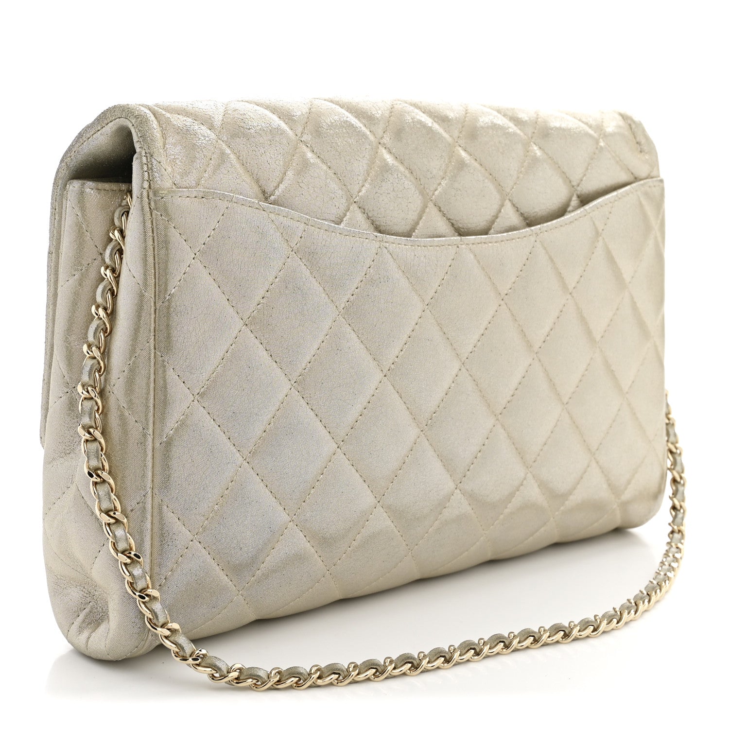 Iridescent Calfskin Quilted Clutch With Chain Flap Light Gold — view 3