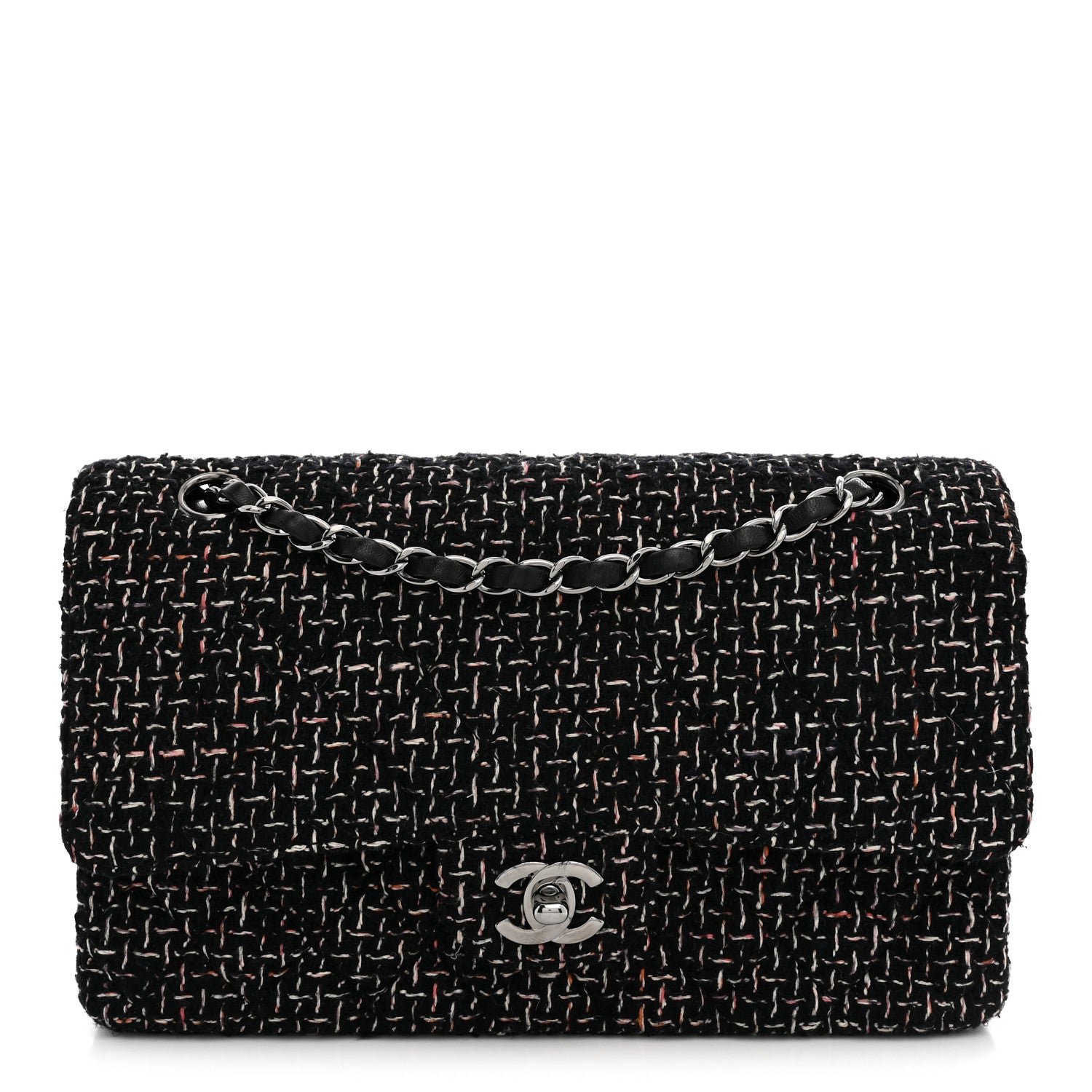 Tweed Quilted Medium Double Flap Black