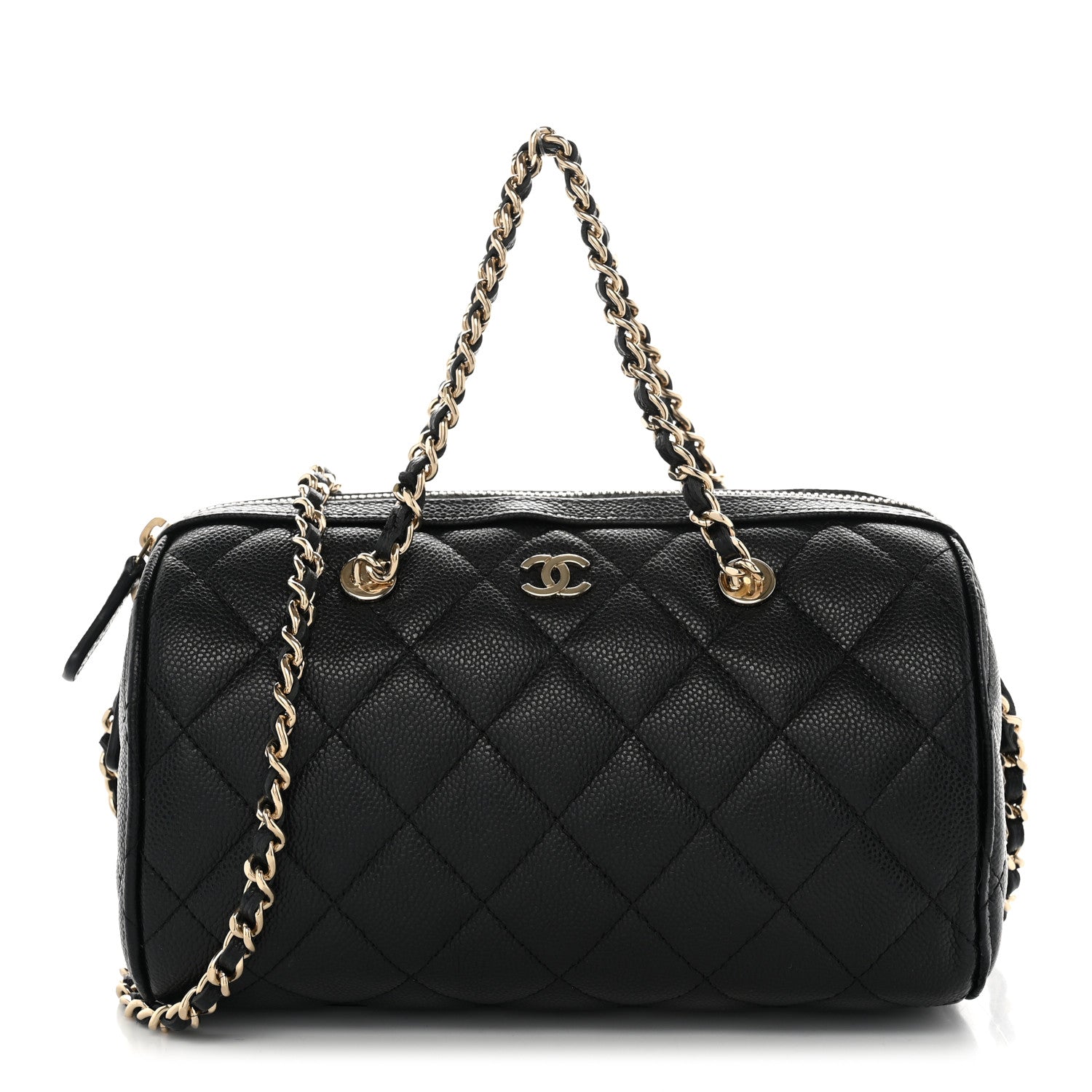 Caviar Quilted Barrel Clutch With Chain Black