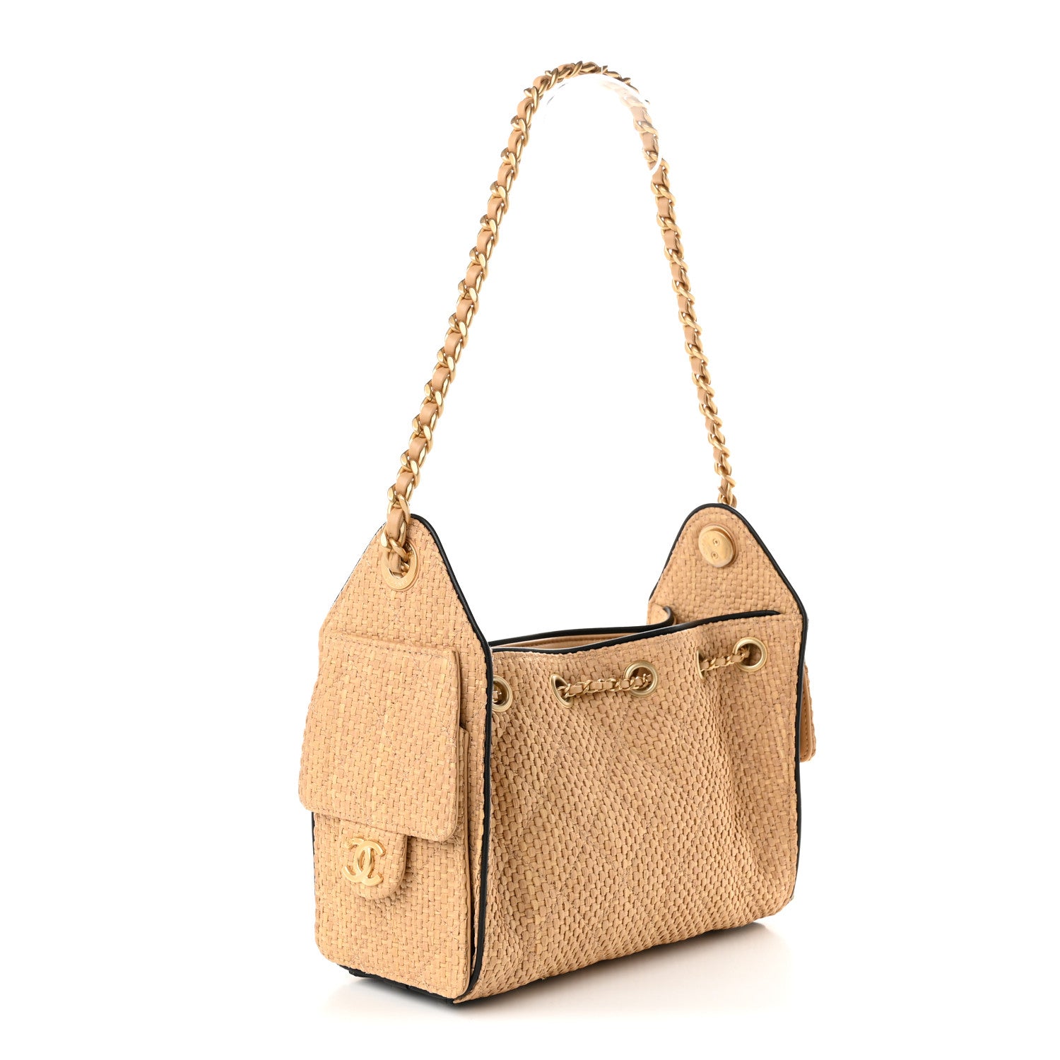 Braided Raffia Calfskin Quilted Mini Chanel 25 Handbag Beige Black — view 3