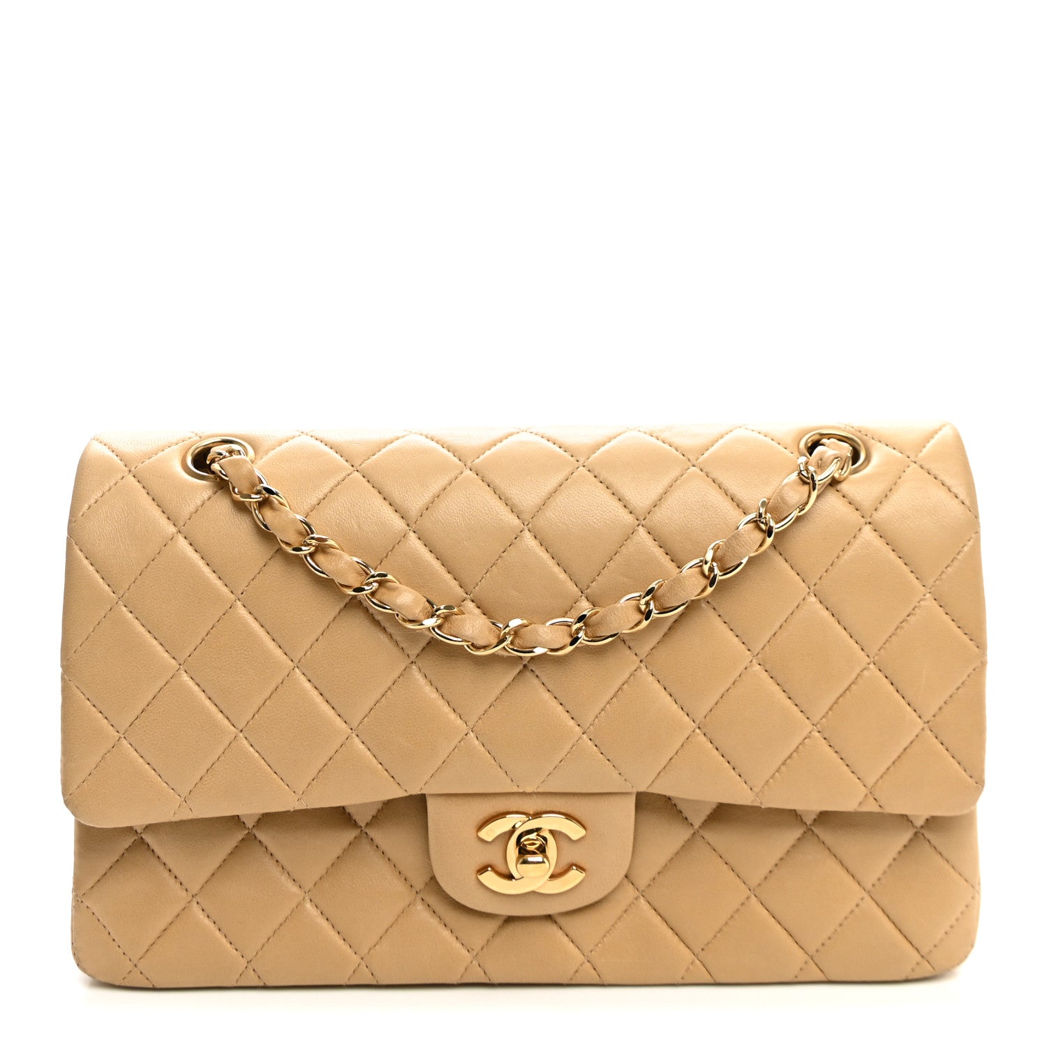 Lambskin Quilted Medium Double Flap Beige