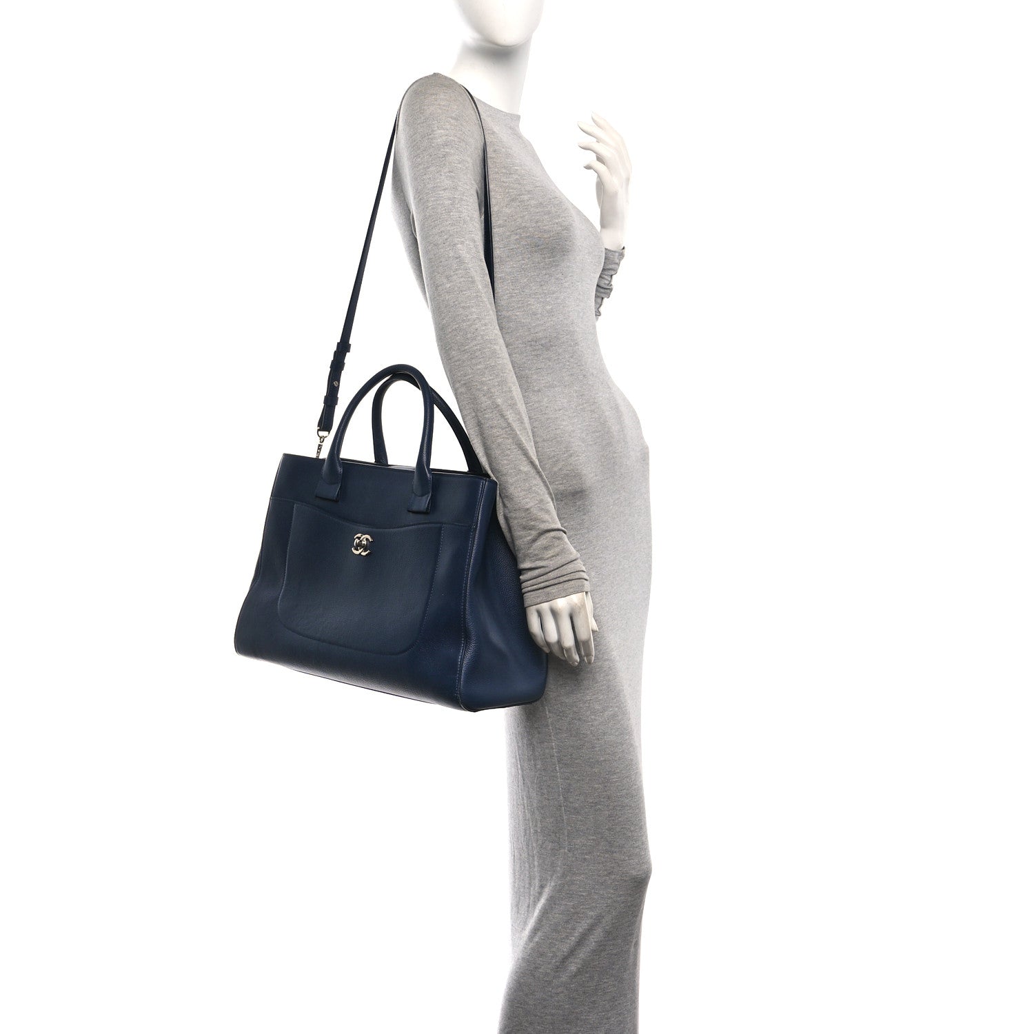 Grained Calfskin Large Neo Executive Shopper Tote Dark Blue — view 2