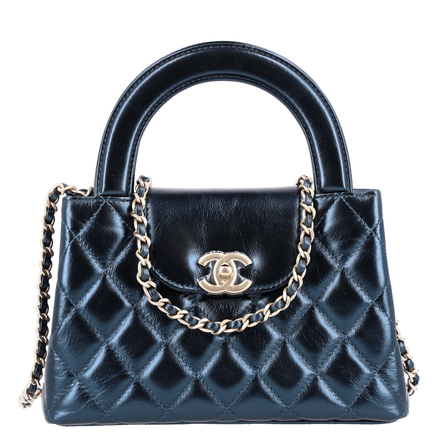 Metallic Aged Calfskin Quilted Nano Kelly Shopper Navy
