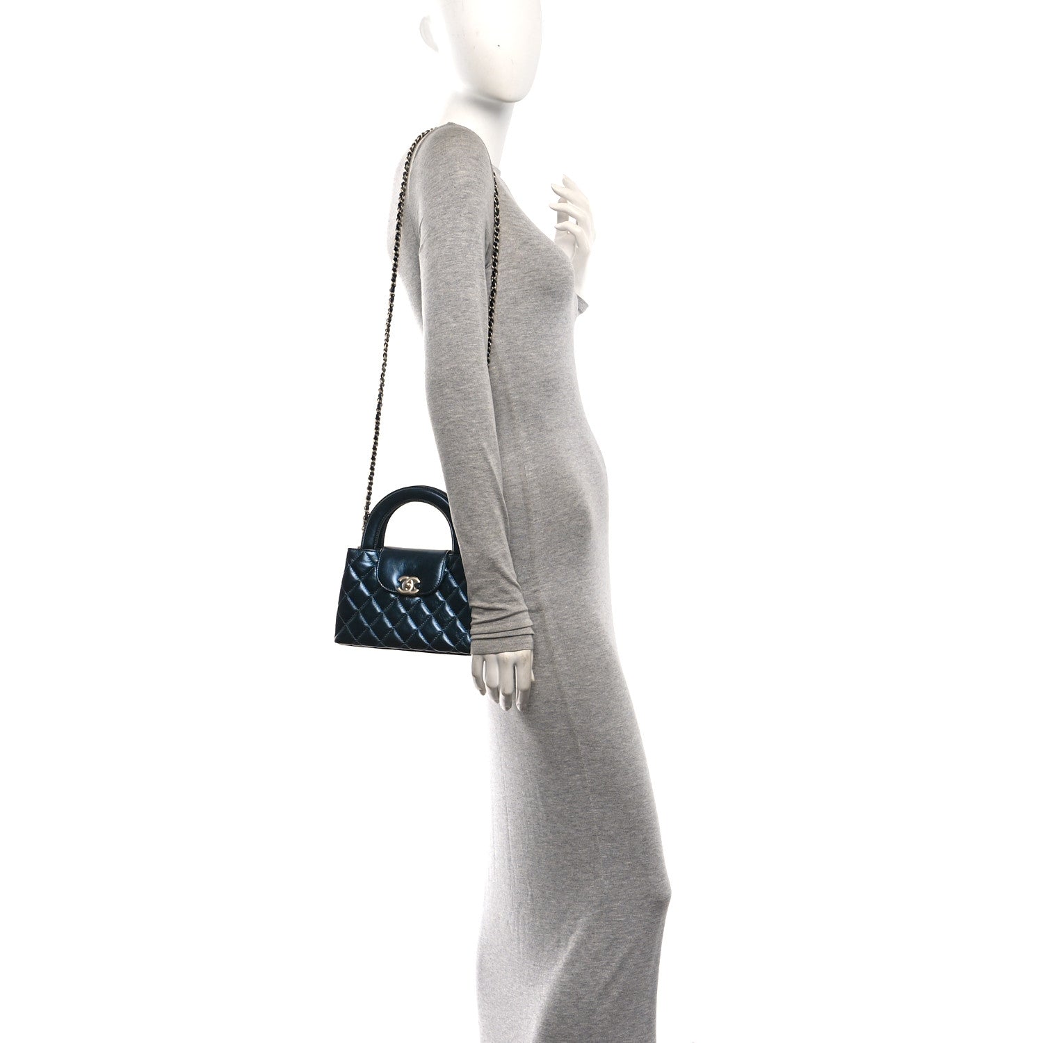 Metallic Aged Calfskin Quilted Nano Kelly Shopper Navy — view 2