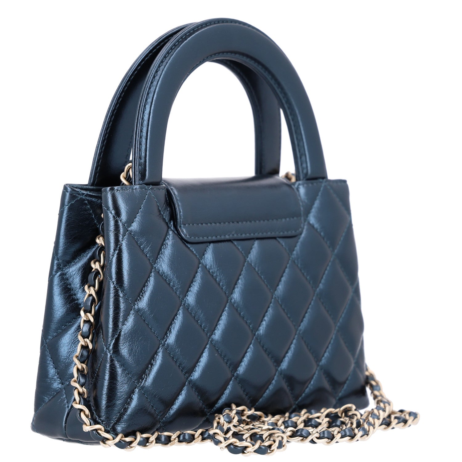 Metallic Aged Calfskin Quilted Nano Kelly Shopper Navy — view 3