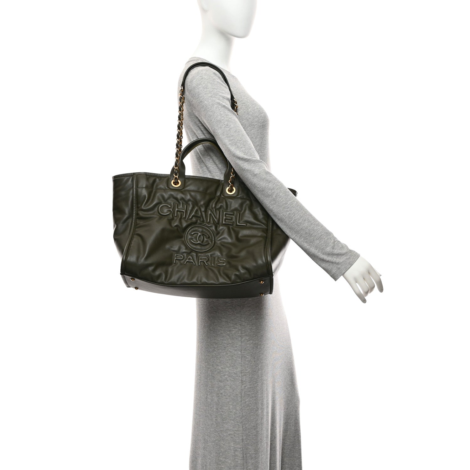 Calfskin Embossed Medium Deauville Tote Khaki — view 2