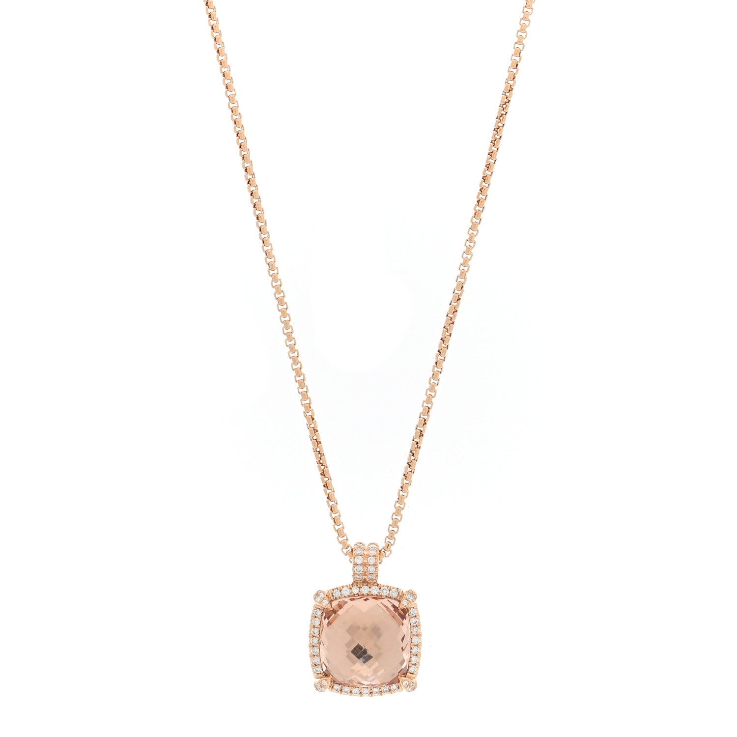 18K Rose Gold Diamond Morganite 14mm Chatelaine Pave Bezel Pendant Necklace