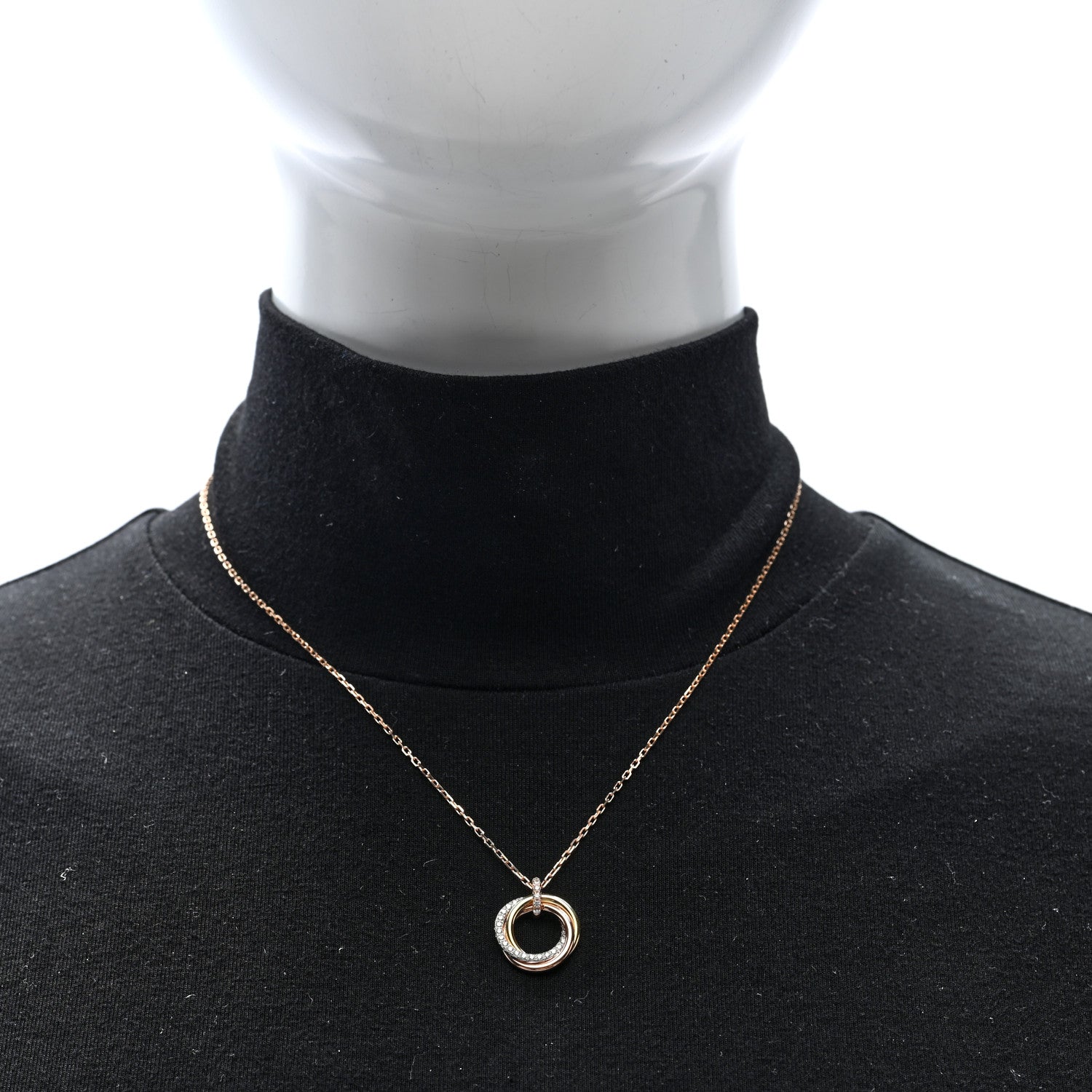 18K Pink White Yellow Gold Diamond Small Trinity Half Paved Pendant Necklace — view 2