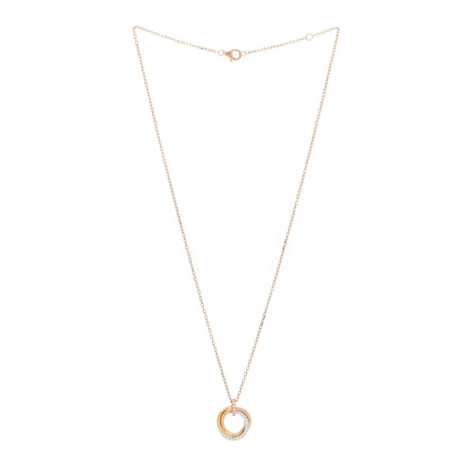 18K Pink White Yellow Gold Diamond Small Trinity Half Paved Pendant Necklace — view 3