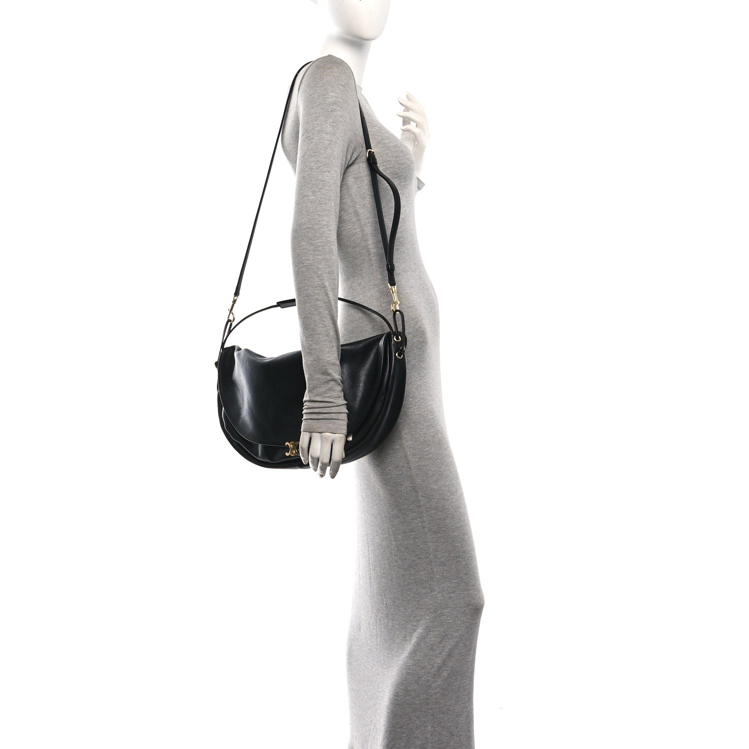 Shiny Lambskin Soft Triomphe Half Moon Bag Black — view 2