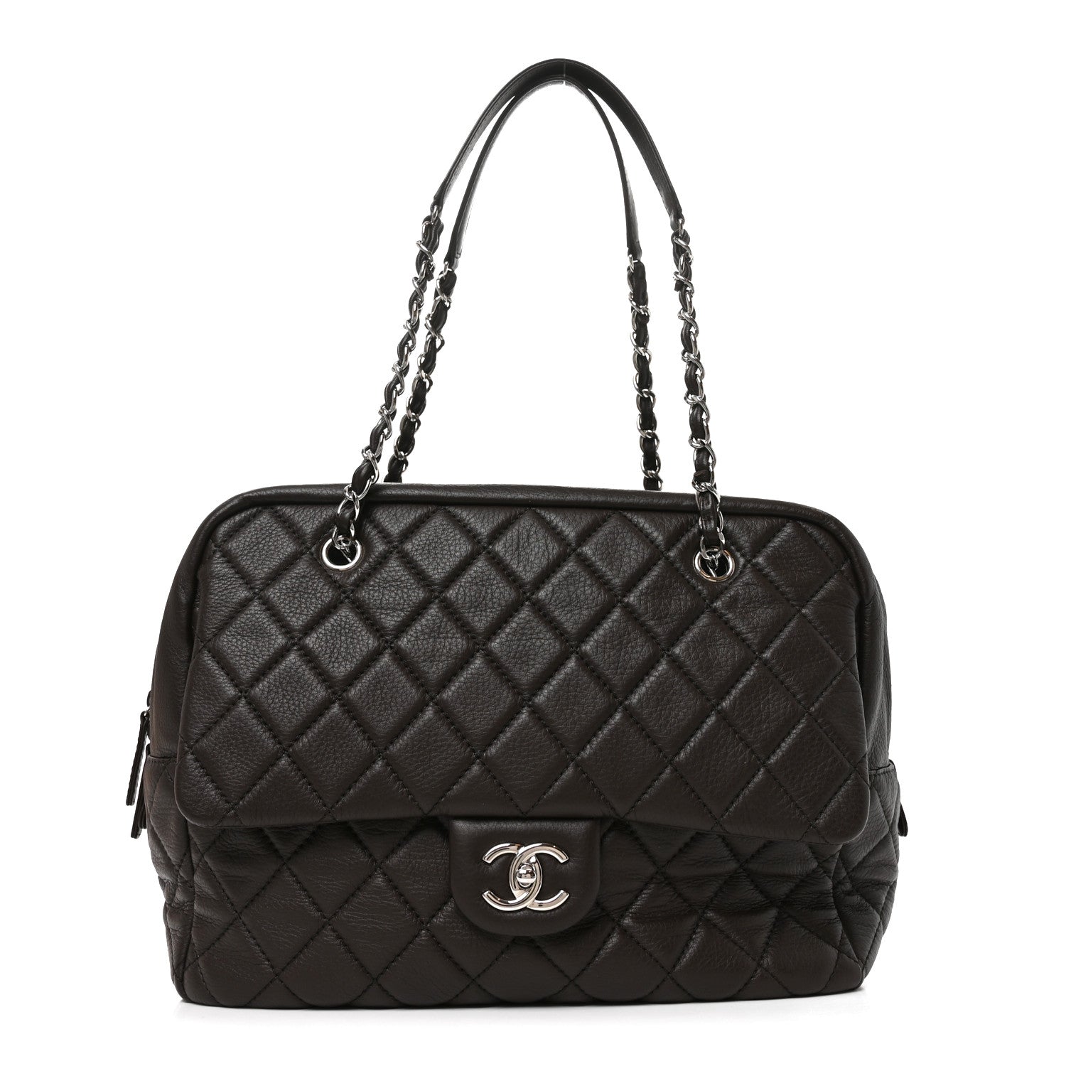 Lambskin Quilted Travel Flap Tote Dark Brown — view 1