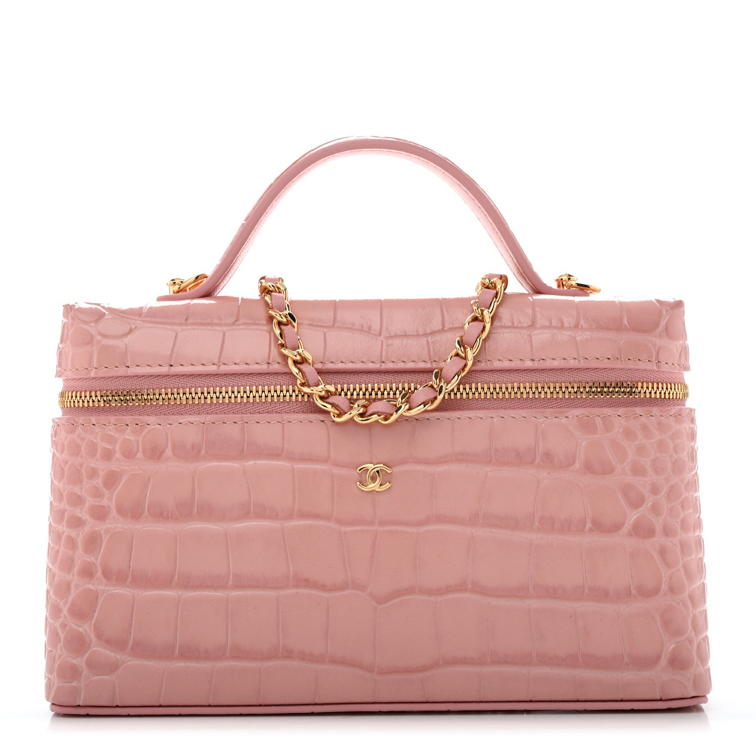 Calfskin Crocodile Embossed Crococo Top Handle Slim Vanity Case With Chain Light Pink — view 1