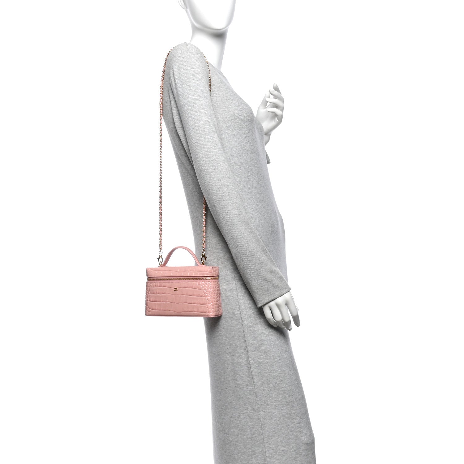 Calfskin Crocodile Embossed Crococo Top Handle Slim Vanity Case With Chain Light Pink — view 2