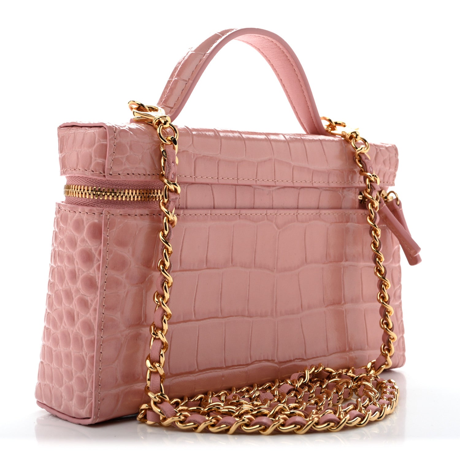 Calfskin Crocodile Embossed Crococo Top Handle Slim Vanity Case With Chain Light Pink — view 3