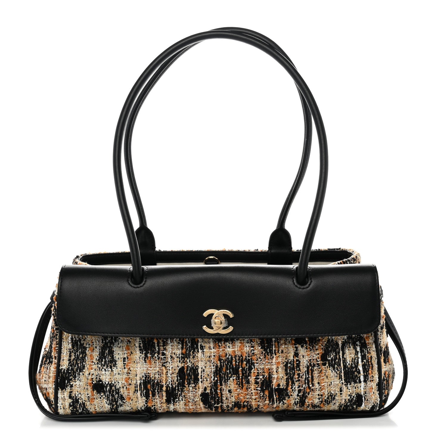 Calfskin Tweed Mixed Fibers Leopard Print Urban Essentials Small Shopping Bag Brown Black White