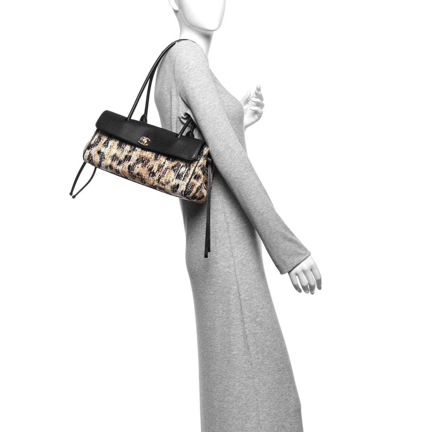 Calfskin Tweed Mixed Fibers Leopard Print Urban Essentials Small Shopping Bag Brown Black White — view 2