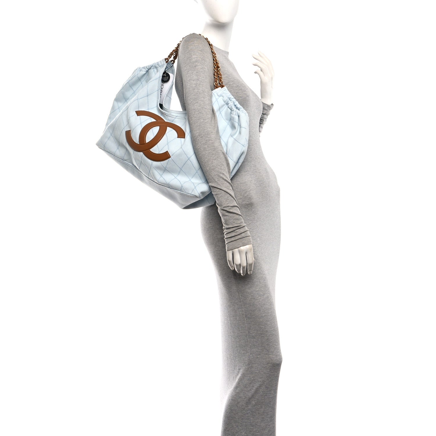 Denim Calfskin Quilted Coco Beach Small Shopping Tote Light Blue Brown — view 2