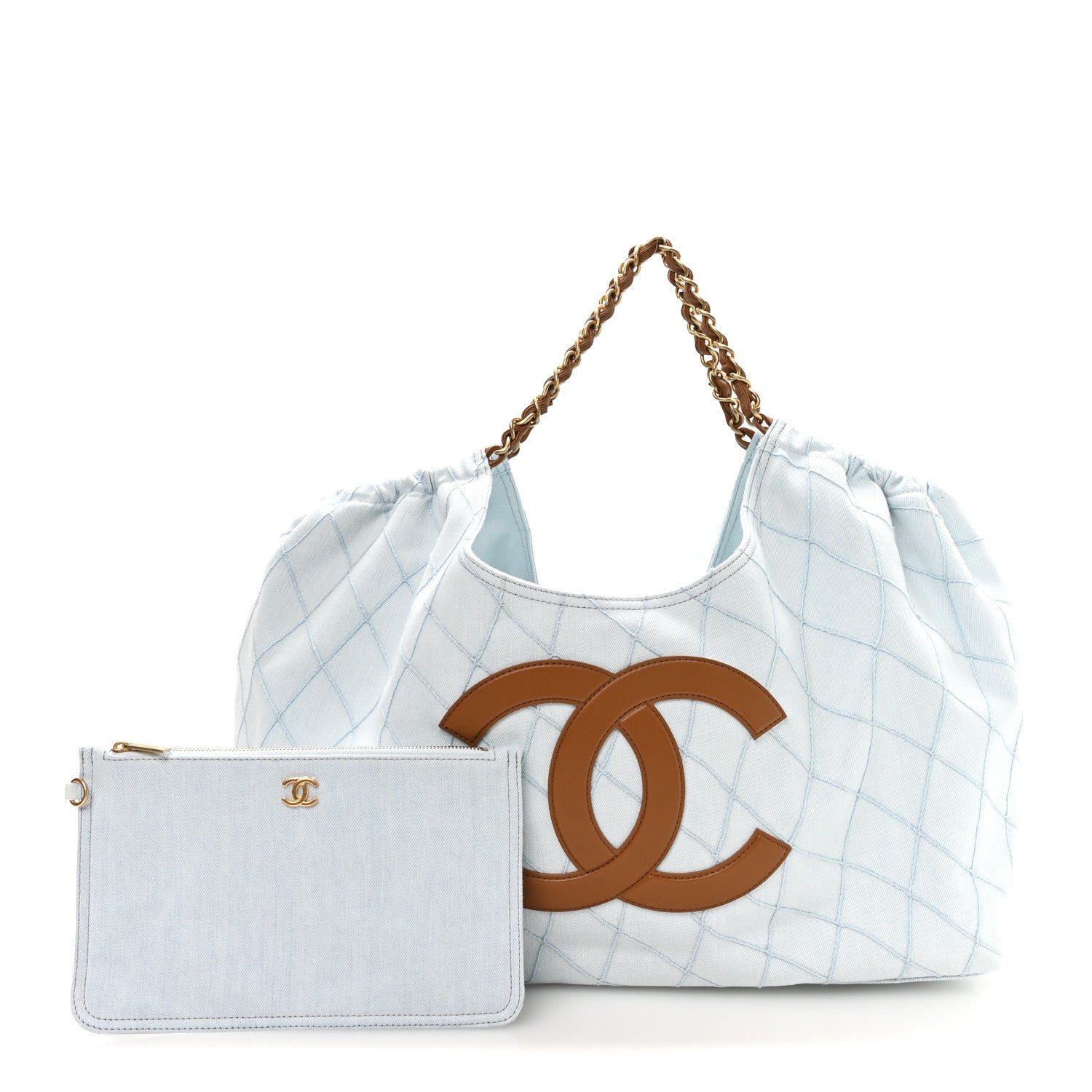 Denim Calfskin Quilted Coco Beach Small Shopping Tote Light Blue Brown — view 3
