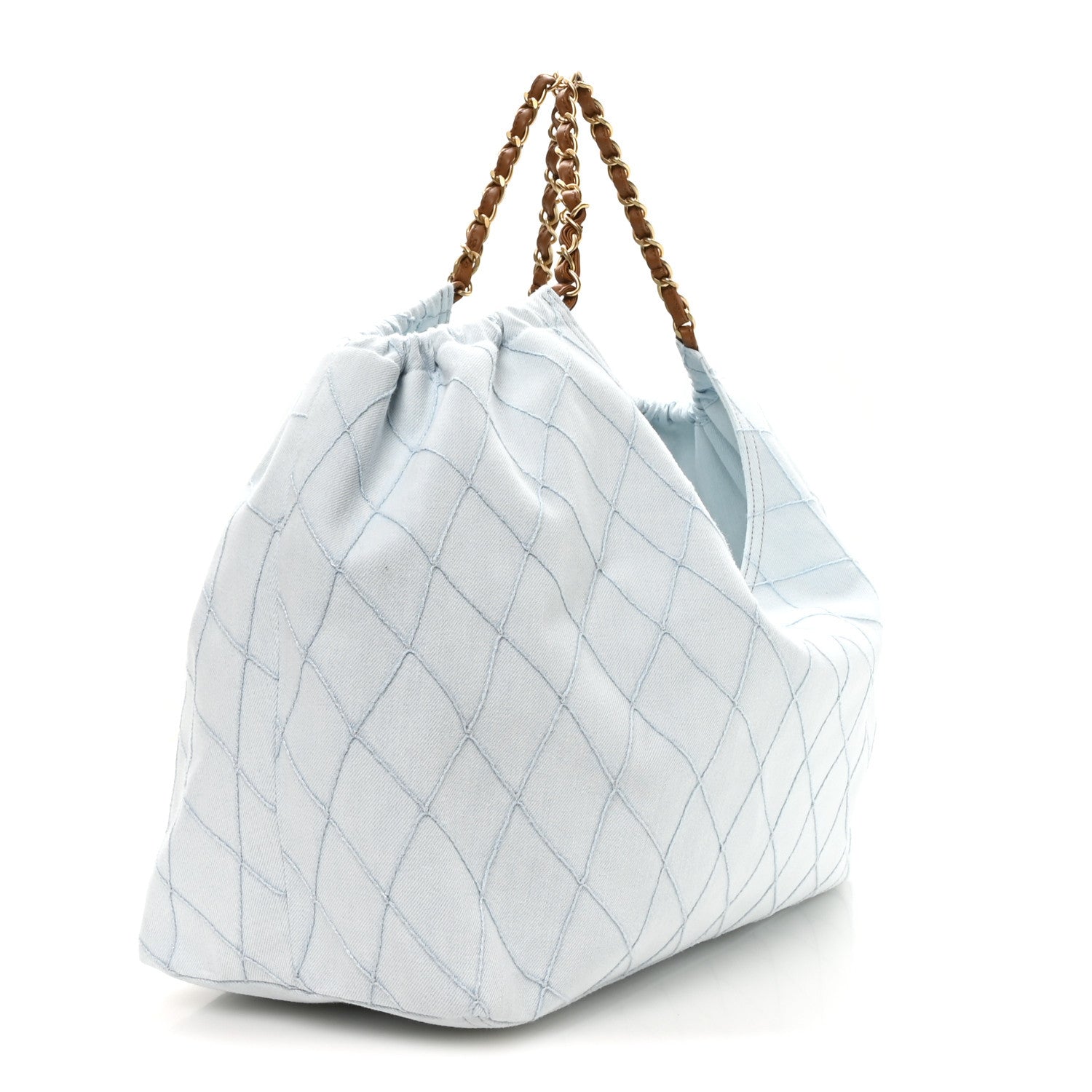 Denim Calfskin Quilted Coco Beach Small Shopping Tote Light Blue Brown — view 4