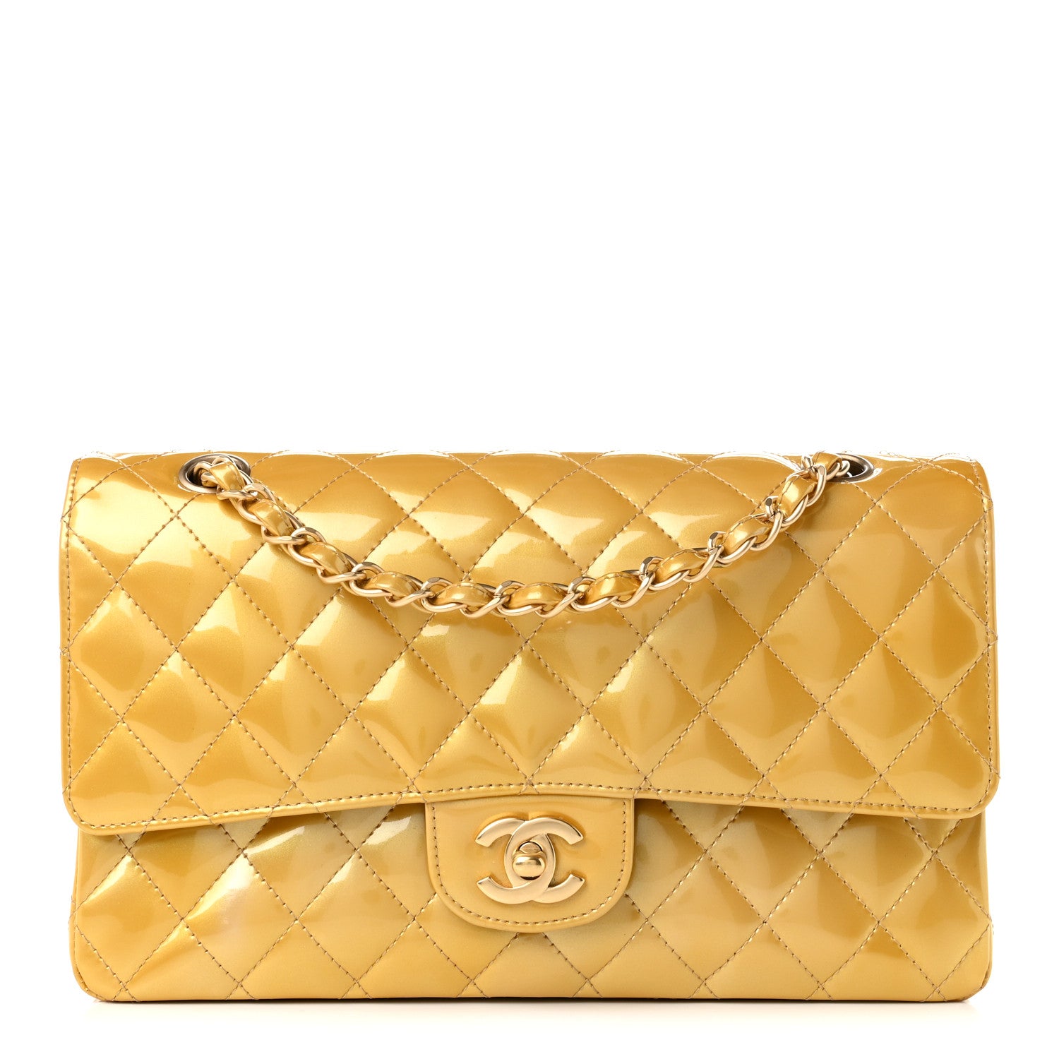 Metallic Patent Quilted Medium Double Flap Gold