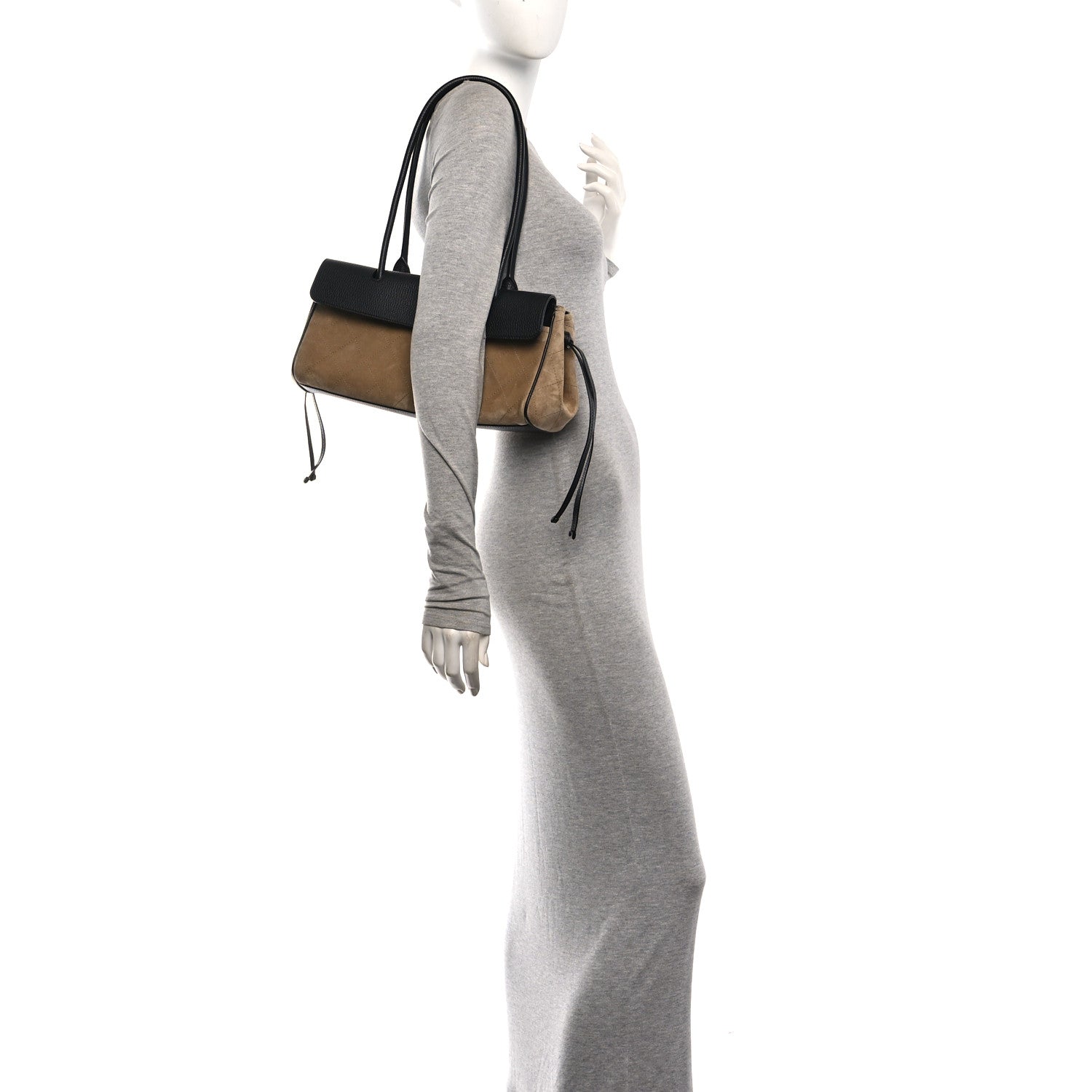 Grained Calfskin Suede Urban Essentials Small Shopping Bag Dark Beige Black — view 2