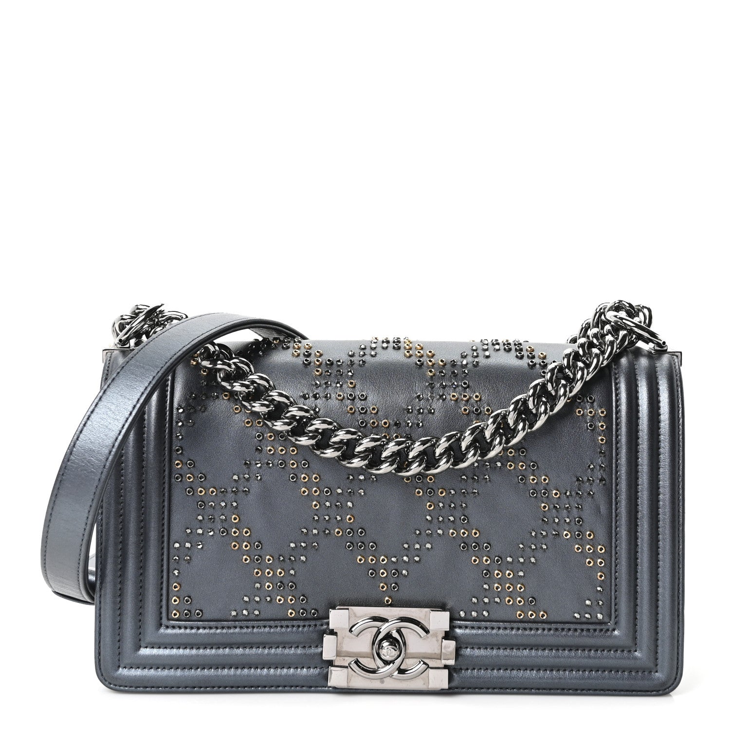 Metallic Calfskin Crystal Medium Boy Flap Dark Silver