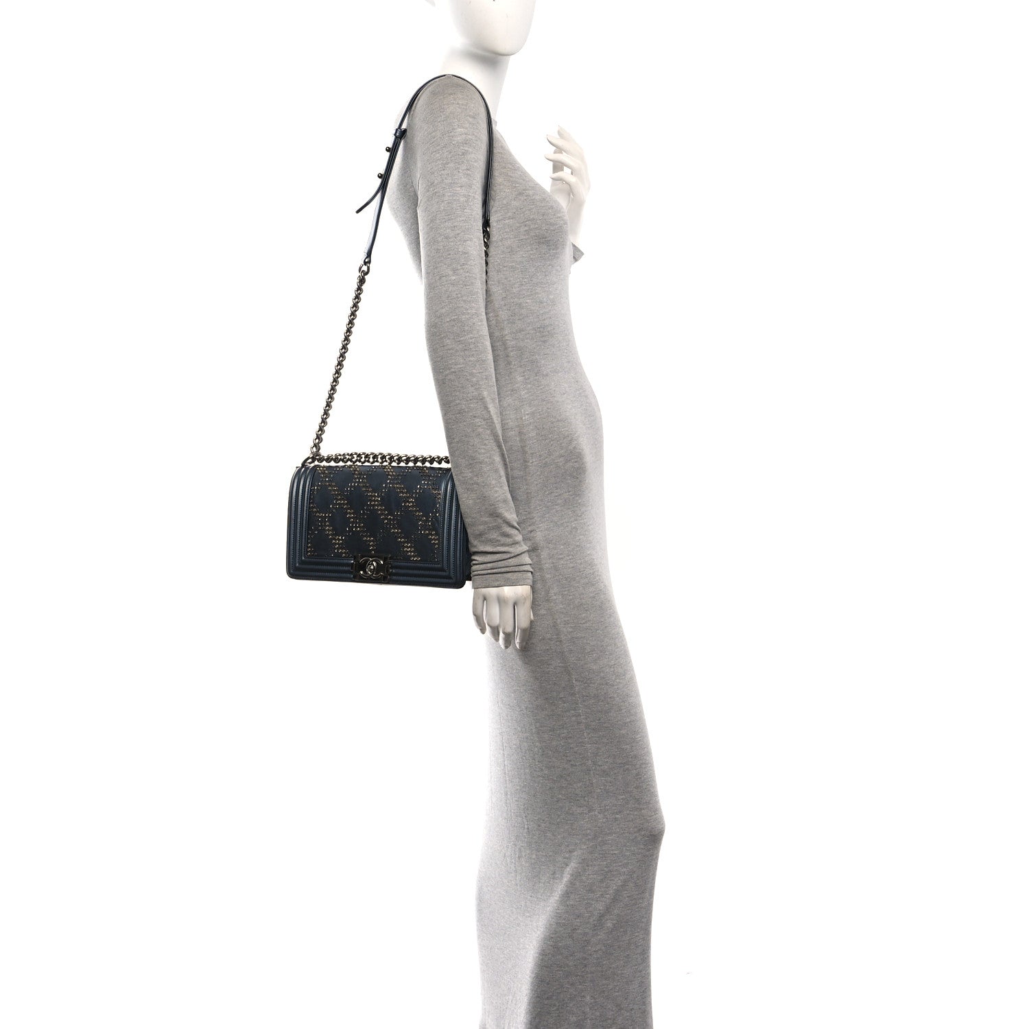 Metallic Calfskin Crystal Medium Boy Flap Dark Silver — view 2